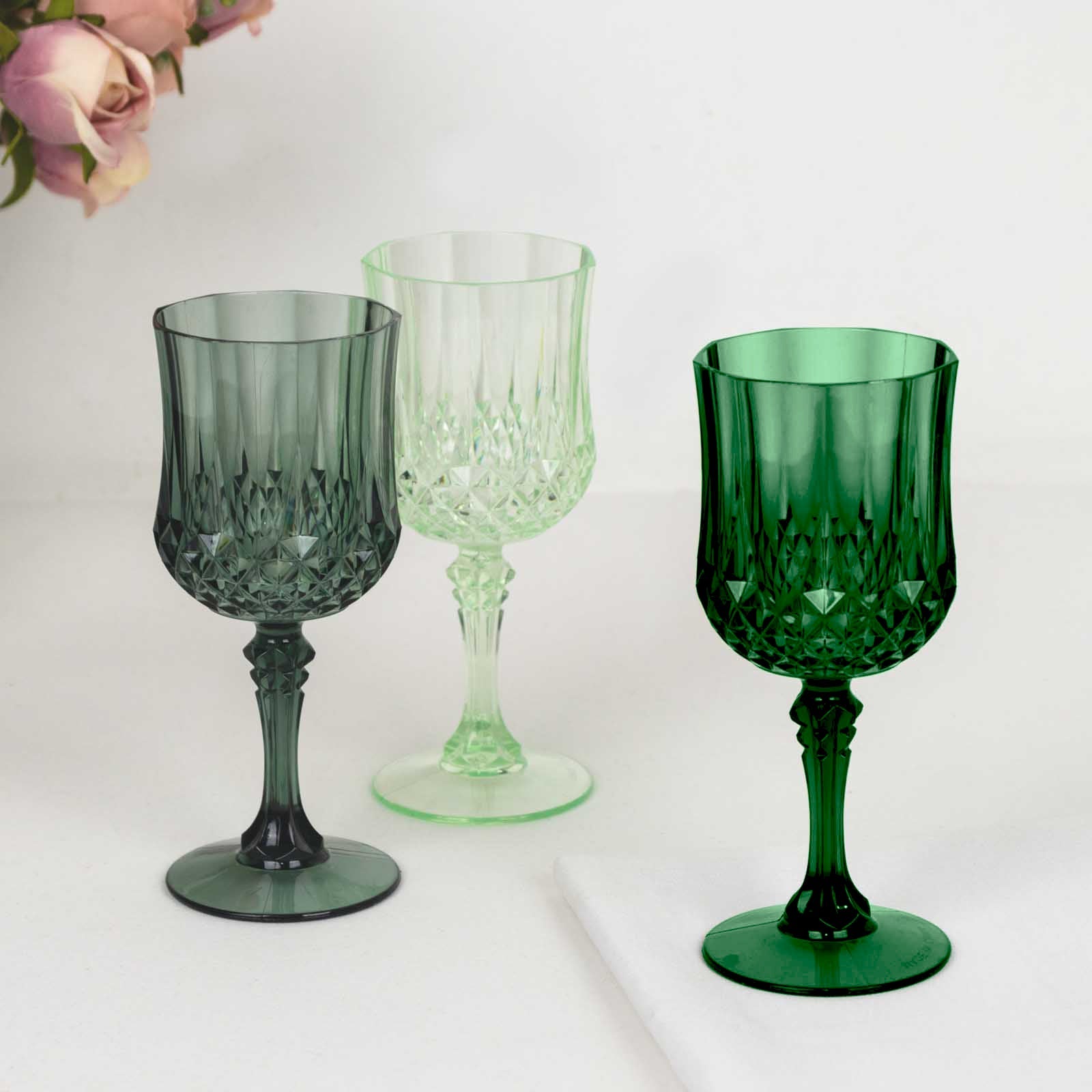 Hot Deal! 12-Pack 8oz Shatterproof Plastic Cocktail Goblets in Assorted Green Crystal Cut Design