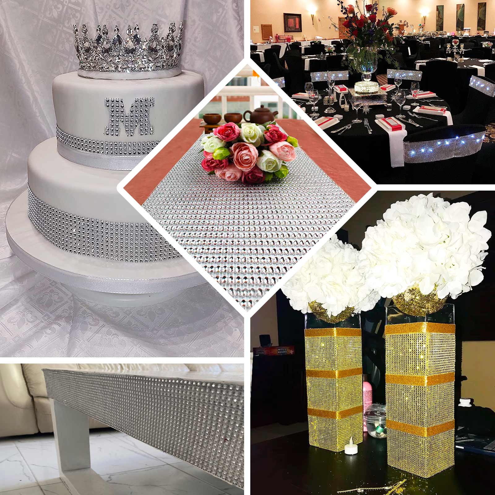 Hot Sale! 10x108 Gold Plastic Table Runner with Luxurious Diamond Mesh Shine