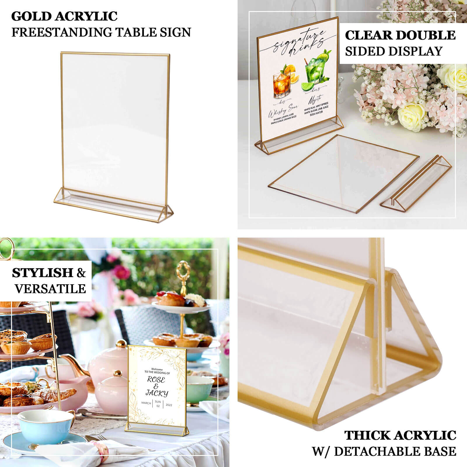6-Pack Gold Acrylic Rectangular Sign Holders: Double-Sided Clear Display with White Cardboard, Ideal for Banquets 9x11