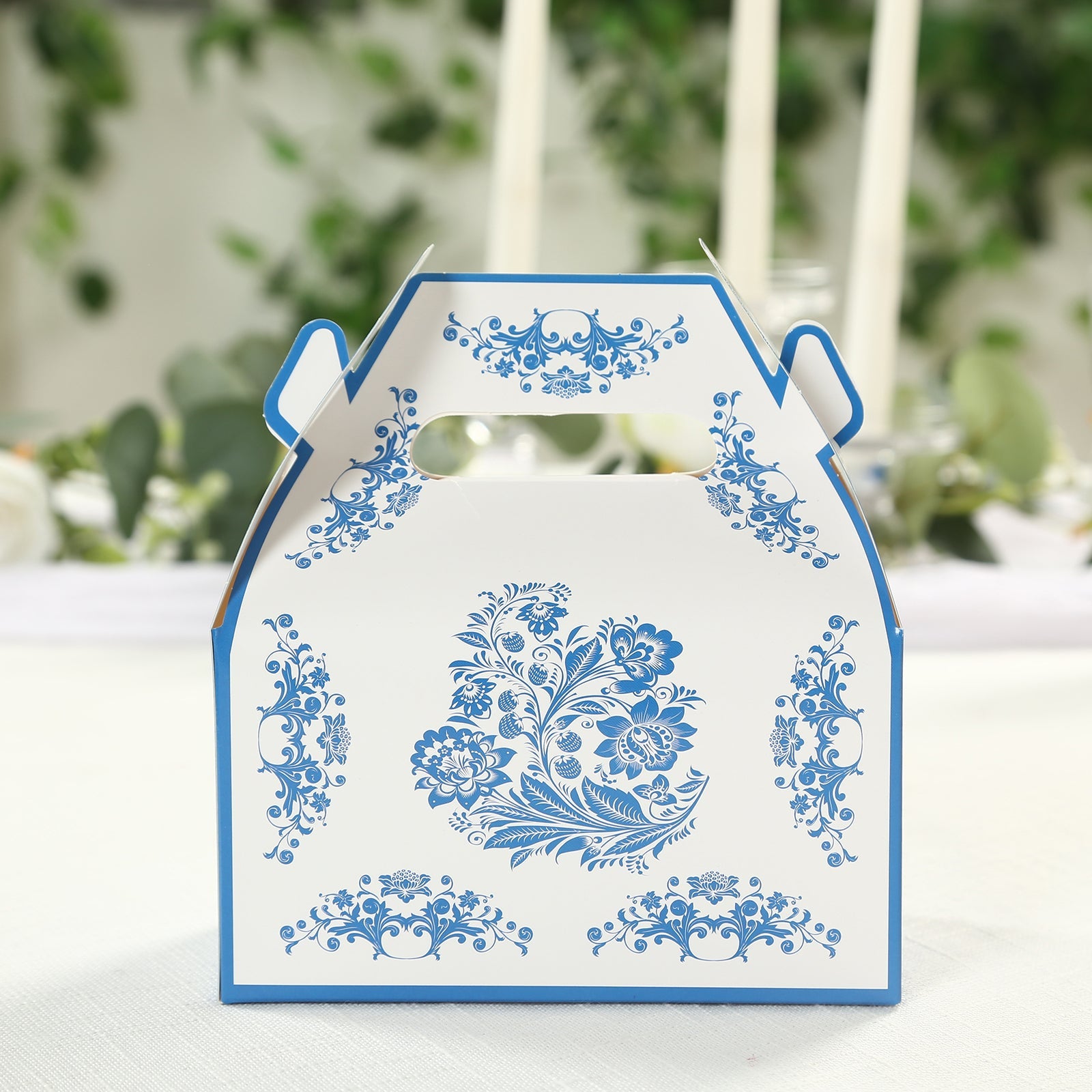 25-Pack White and Royal Blue Floral Damask Tote Gable Party Favor Candy Gift Boxes