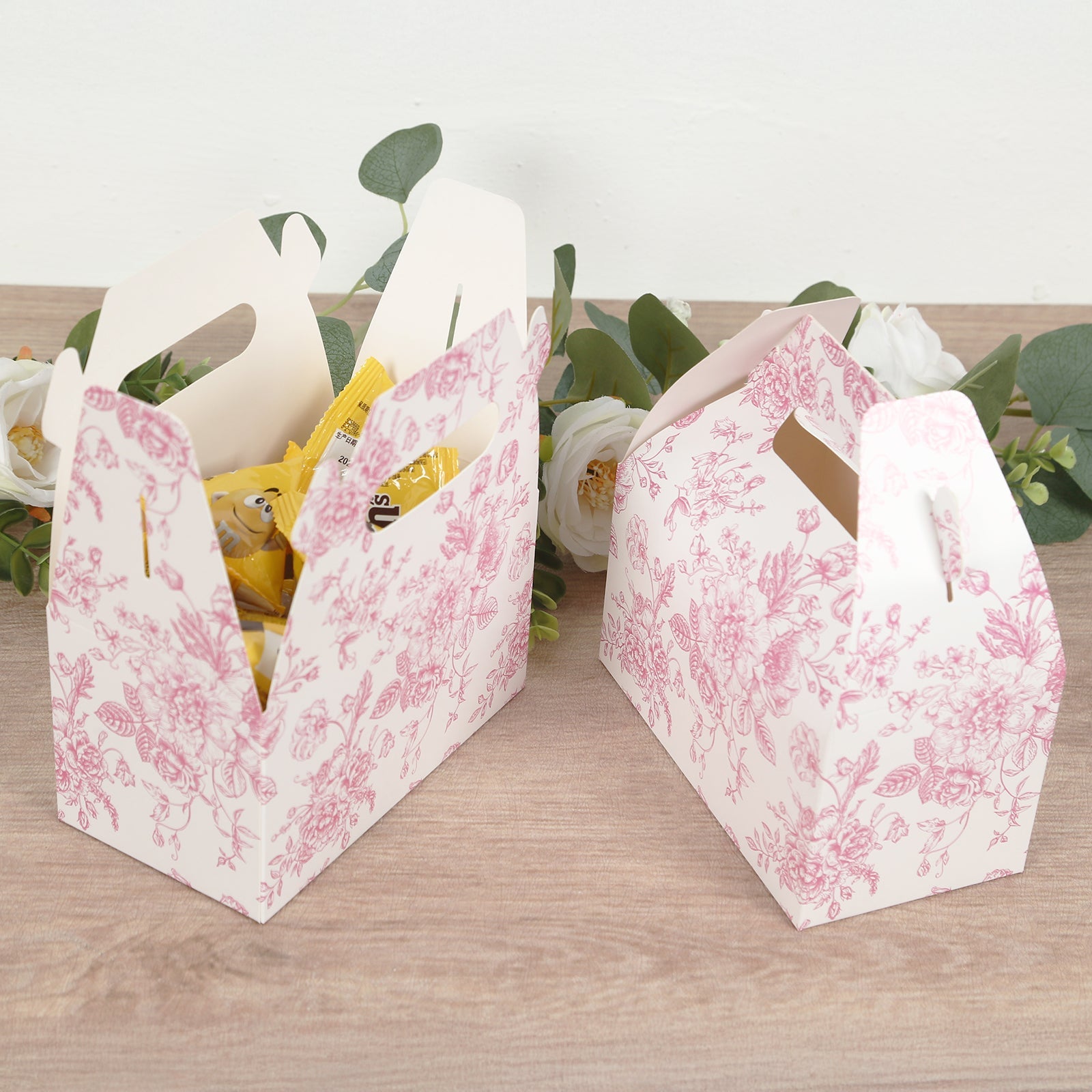 25-Piece Matte Pink and White French Toile Pattern Candy Treat Tote Gable Boxes