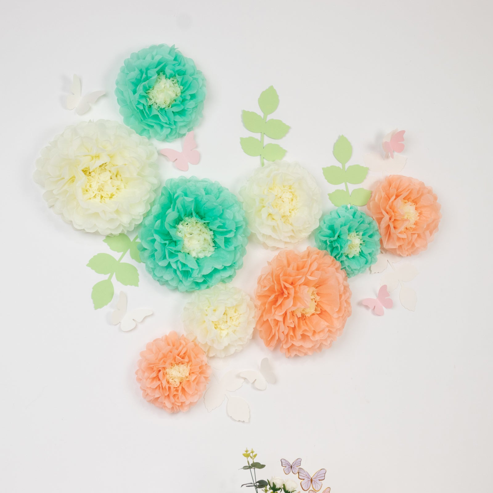 Hot! 21-Piece Tissue Paper Flower Pom Poms Decor Kit - Cream Peach 3D Chrysanthemum Wall Decor with Butterflies & Olive Leaves