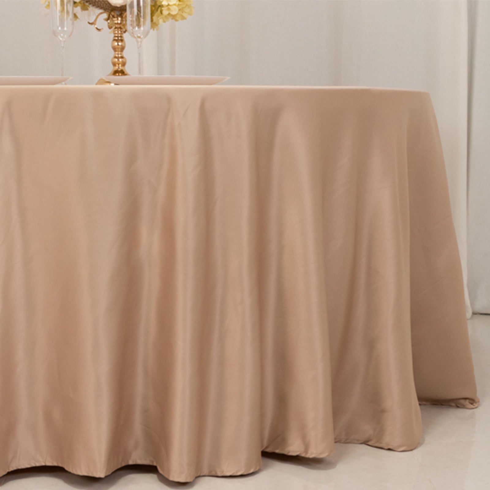 Exclusive Lamour Satin Nude 120" Round Seamless Tablecloth with Soft Sheen