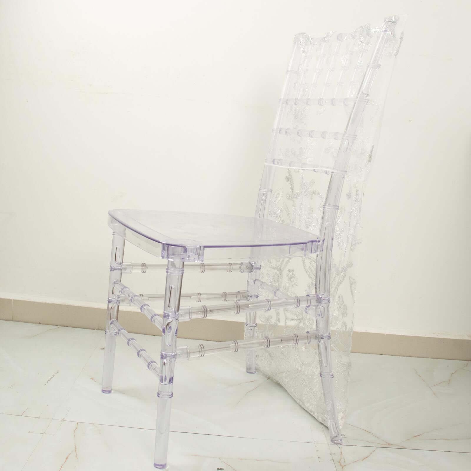 White Organza Chiavari Chair Slipcover with Floral Sequin Embroidery - Ideal for Weddings