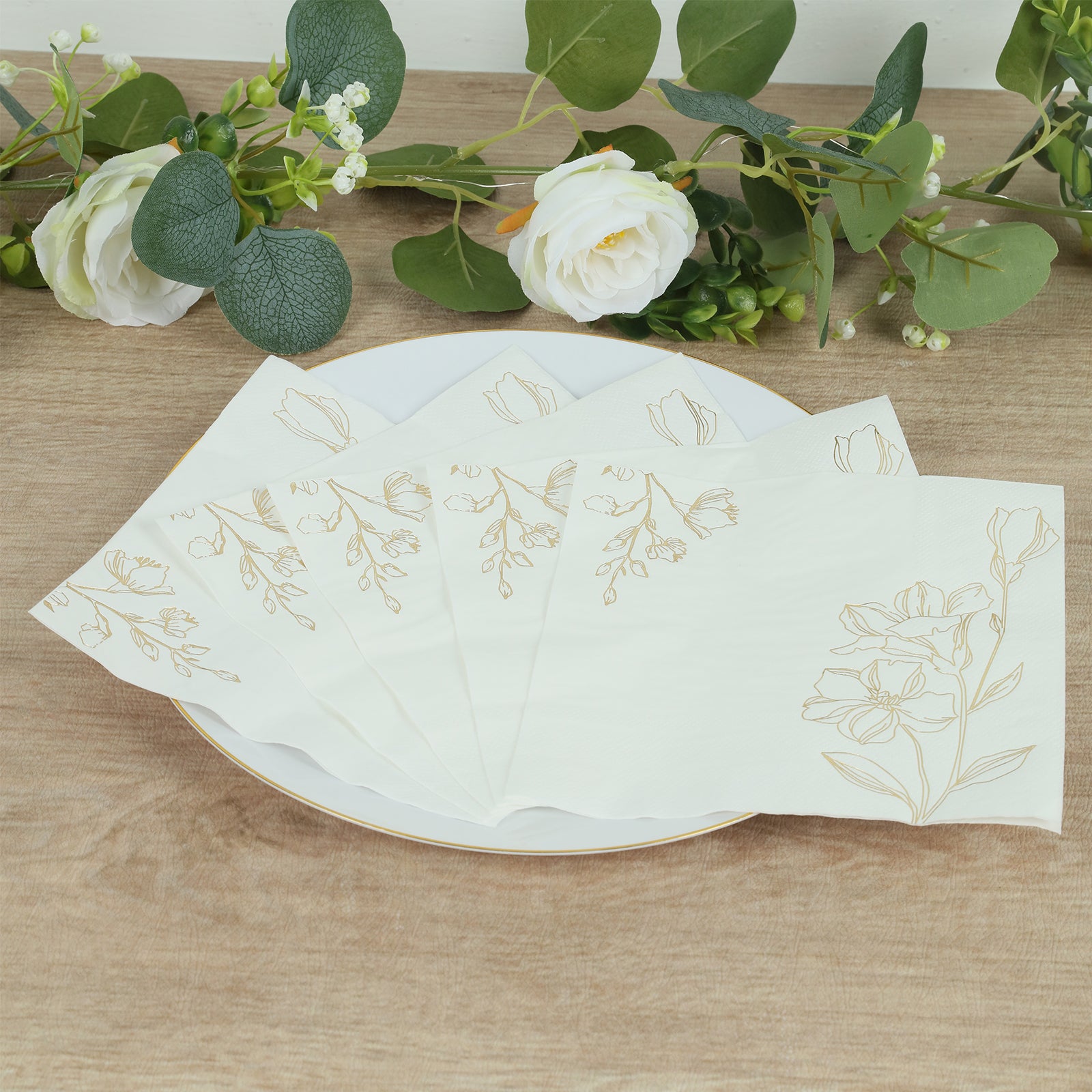 50-Pack 2-Ply Absorbent White Paper Cocktail Napkins with Gold Lily Flower Prints