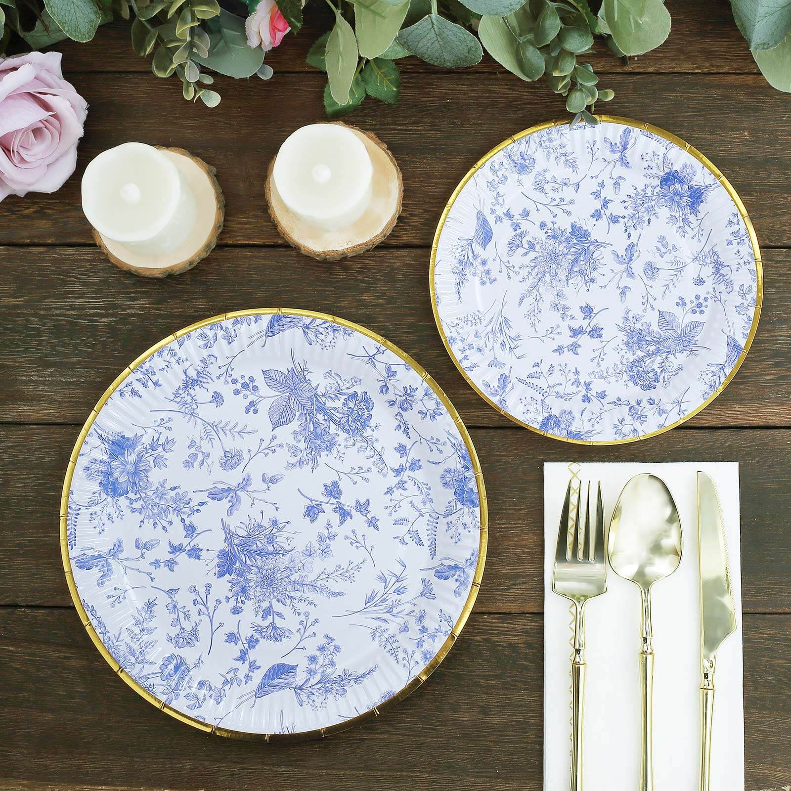 25-Pack Disposable 9-Inch White Dinner Plates with Light Blue French Toile & Gold Rim for Picnics and Chic Brunches