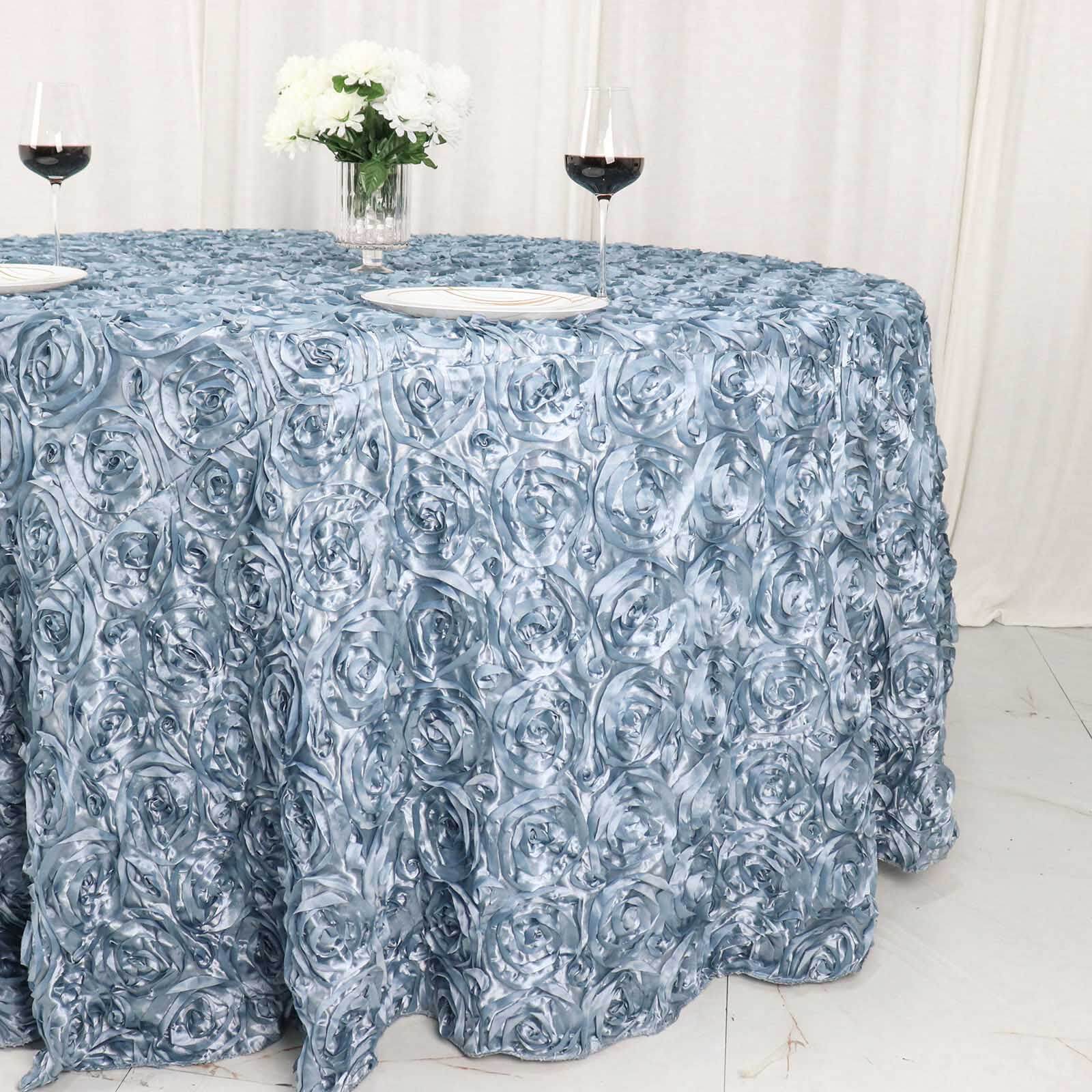 Hot! Dusty Blue 120" Satin Round Tablecloth with 3D Rosette & Seamless Finish