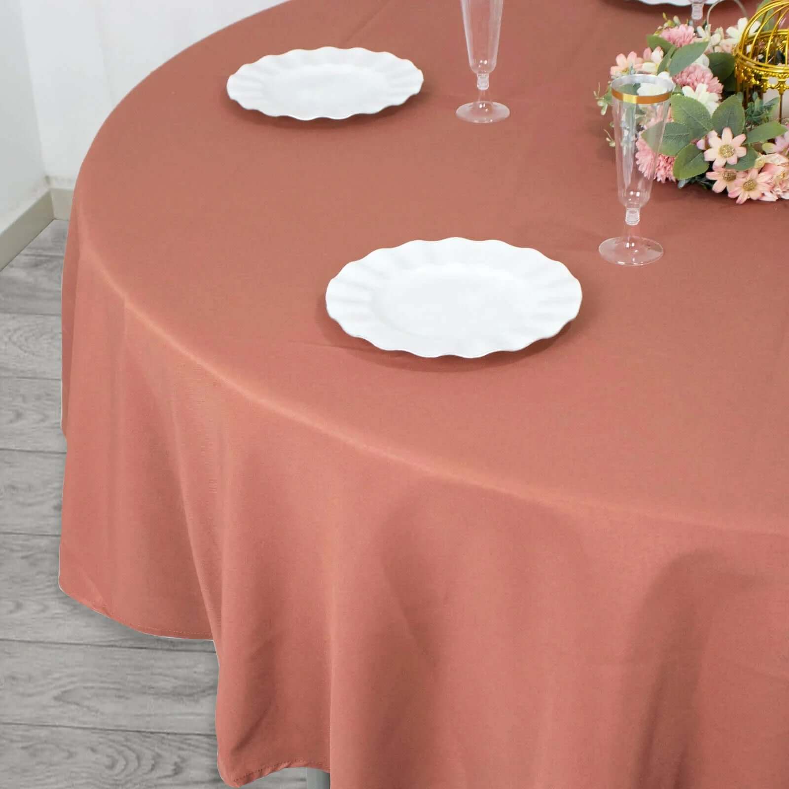 Exclusive 90' Terracotta Polyester Round Tablecloth - Stain & Wrinkle Resistant