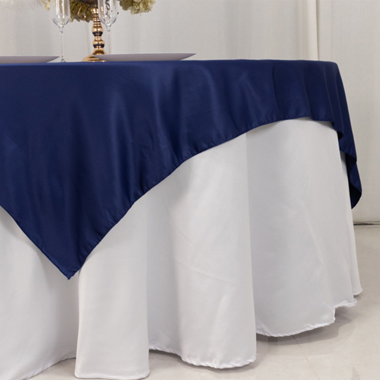 Navy Blue Lamour Satin Square Table Overlay 72x72 - High - Quality Smooth Table Topper