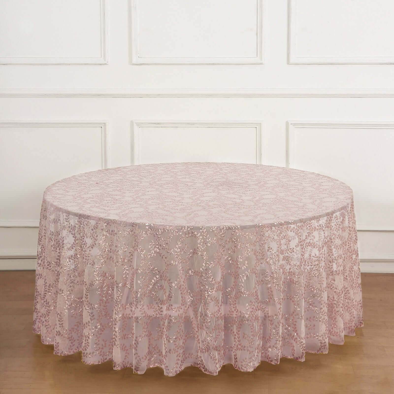 Hot Sale! 120' Round Seamless Rose Gold Tulle Tablecloth with Embroidered Sequin Leaf Design