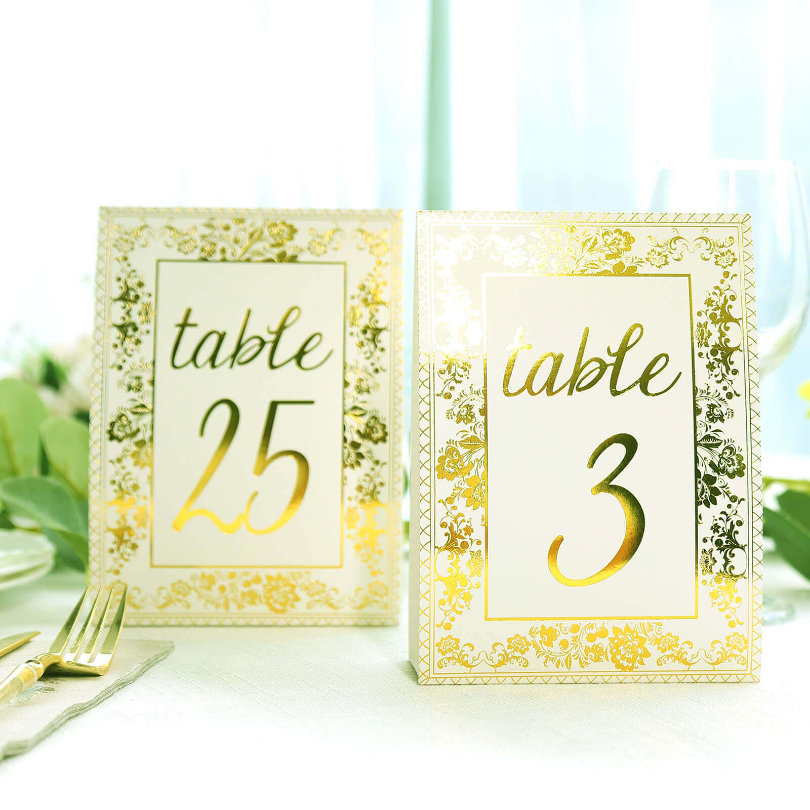 25-Piece Set of Double-Sided Free-Standing Wedding Table Numbers 1-25 in White & Metallic Gold French Toile Style