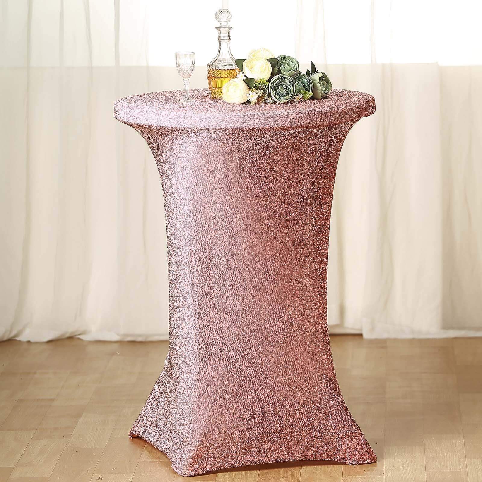 Rose Gold Metallic Spandex Glitter Cocktail Table Cover - Stretch Fit for High Tops