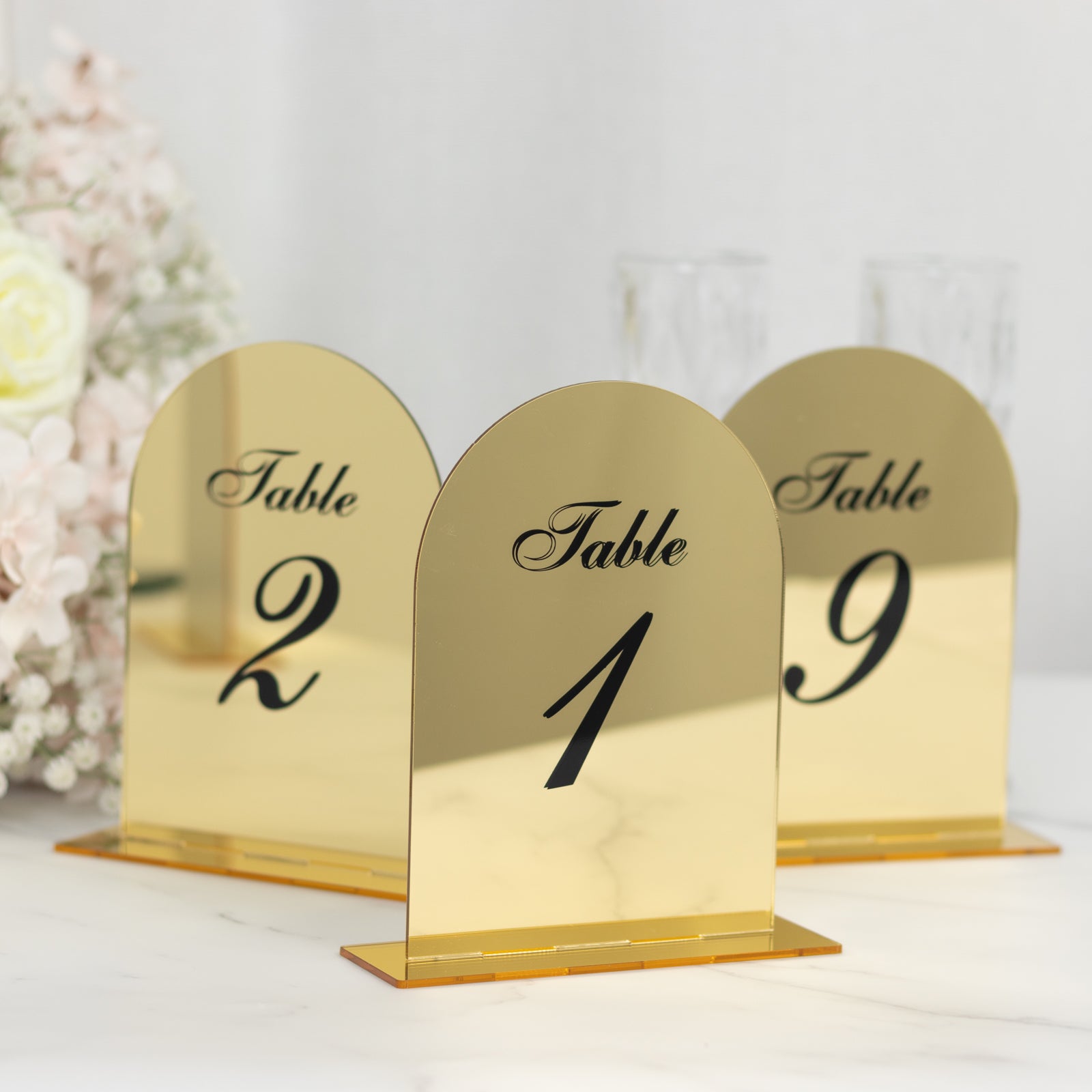 Gold Acrylic Arch Mirror Table Numbers (1 - 10) - 6x7 Wedding Reception Signs with Black Print & Stands