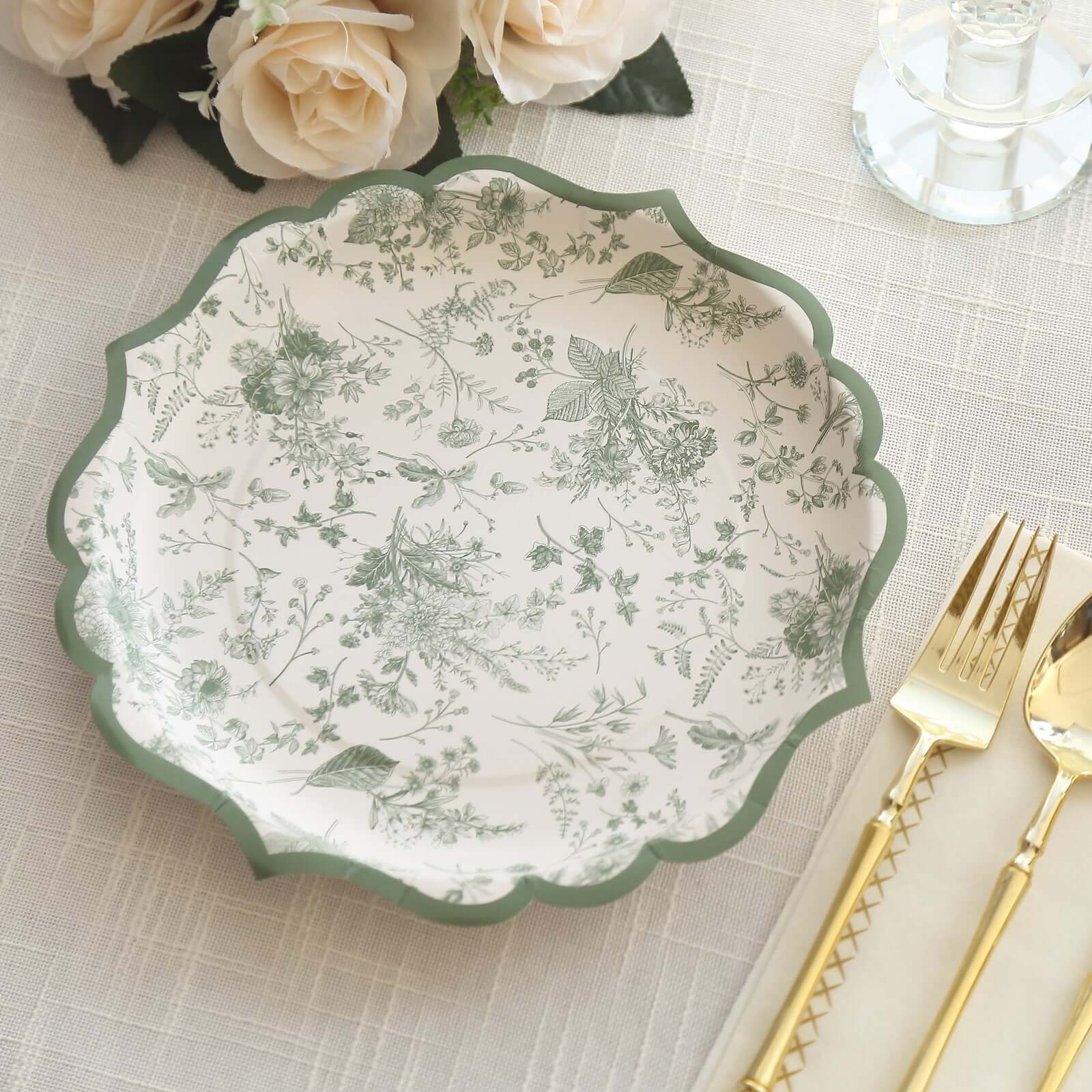 25-Pack Disposable 10-Inch White & Sage Green French Toile Party Dinner Plates - Ideal for Classy Events