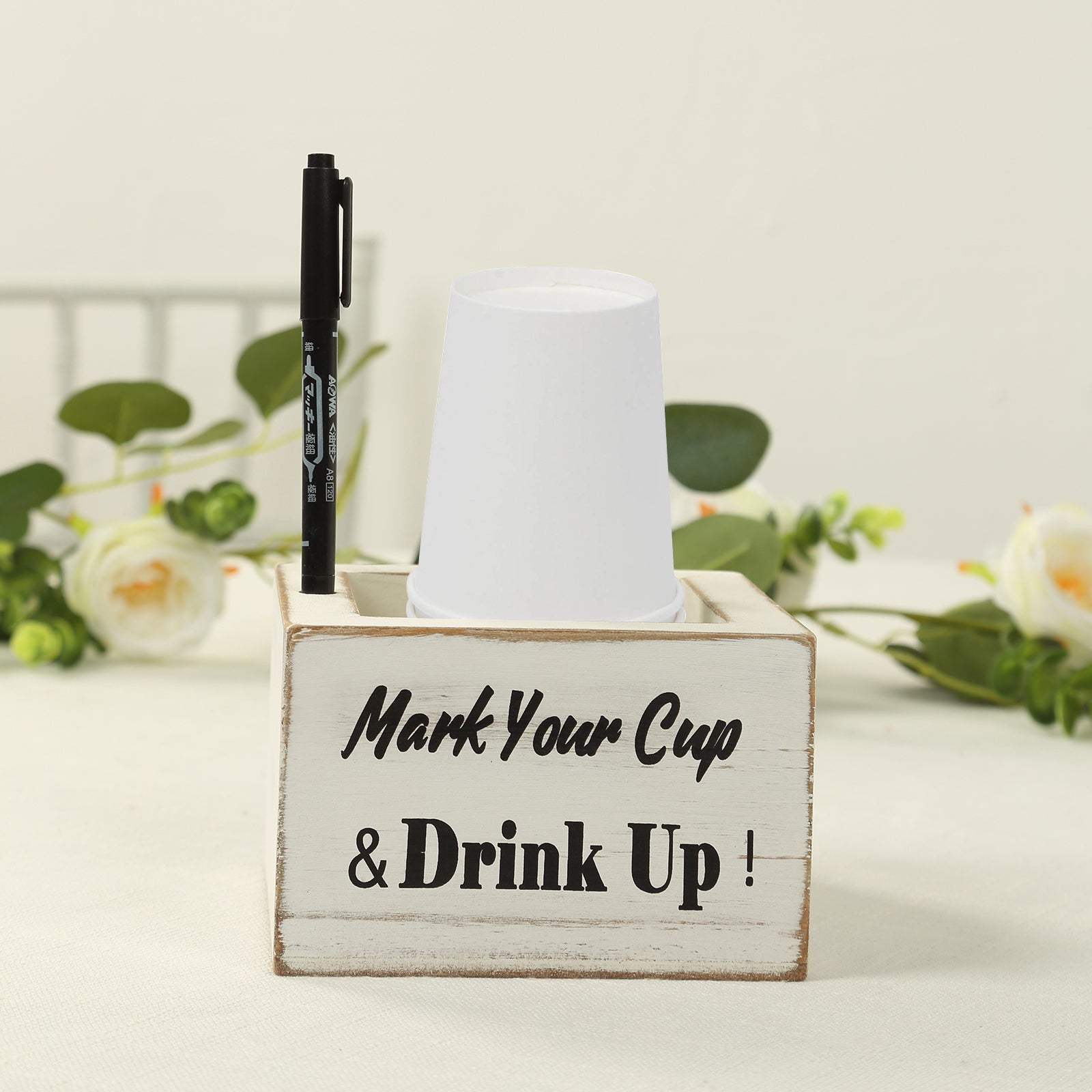 Whitewashed Rustic Wooden Solo Cup Holder with Black Marker for Farmhouse Parties, 5.5 inches