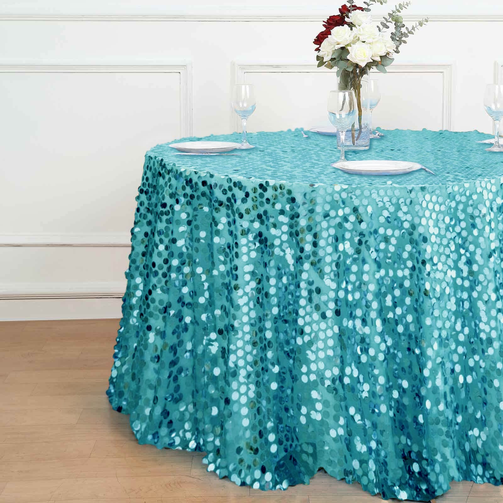 Promo! Turquoise Sequin 120-Inch Round Seamless Tablecloth for Weddings and Events