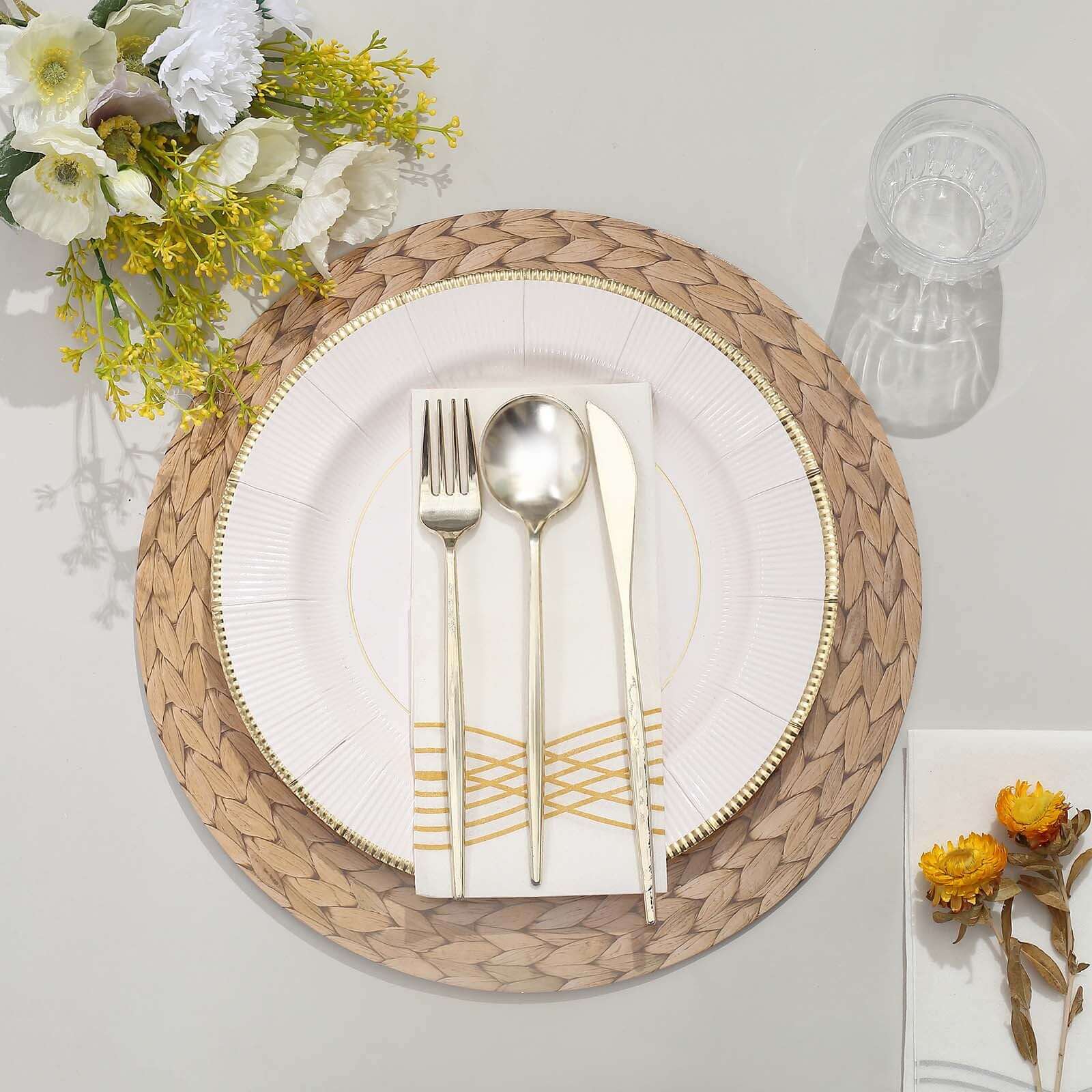 Amazing 6-Pack Disposable Round Cardboard Table Placemats with Woven Rattan Print, 13" Diameter for Rustic Events