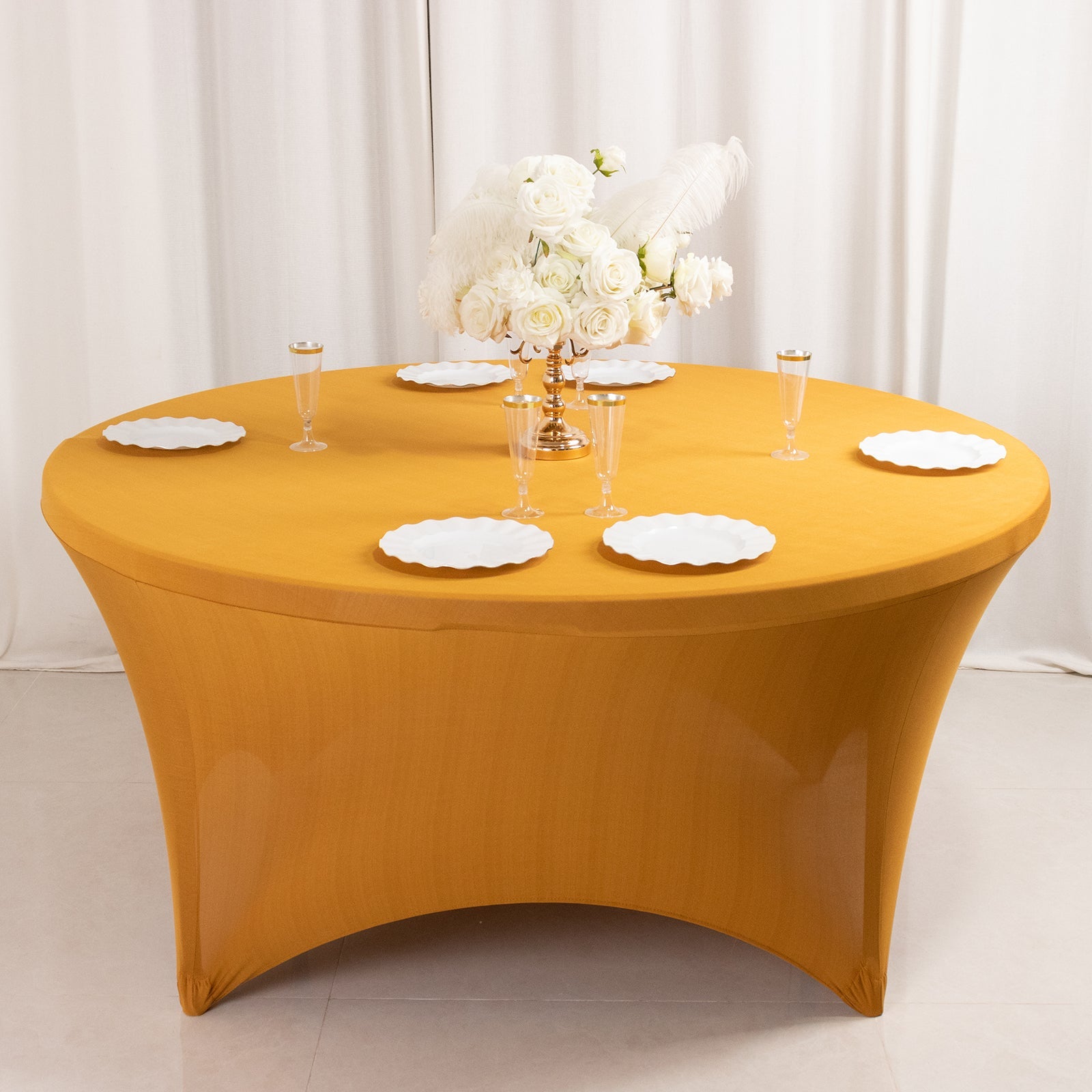 Gold Stretch Spandex 5ft Round Tablecloth - Durable for Events, Great Value!
