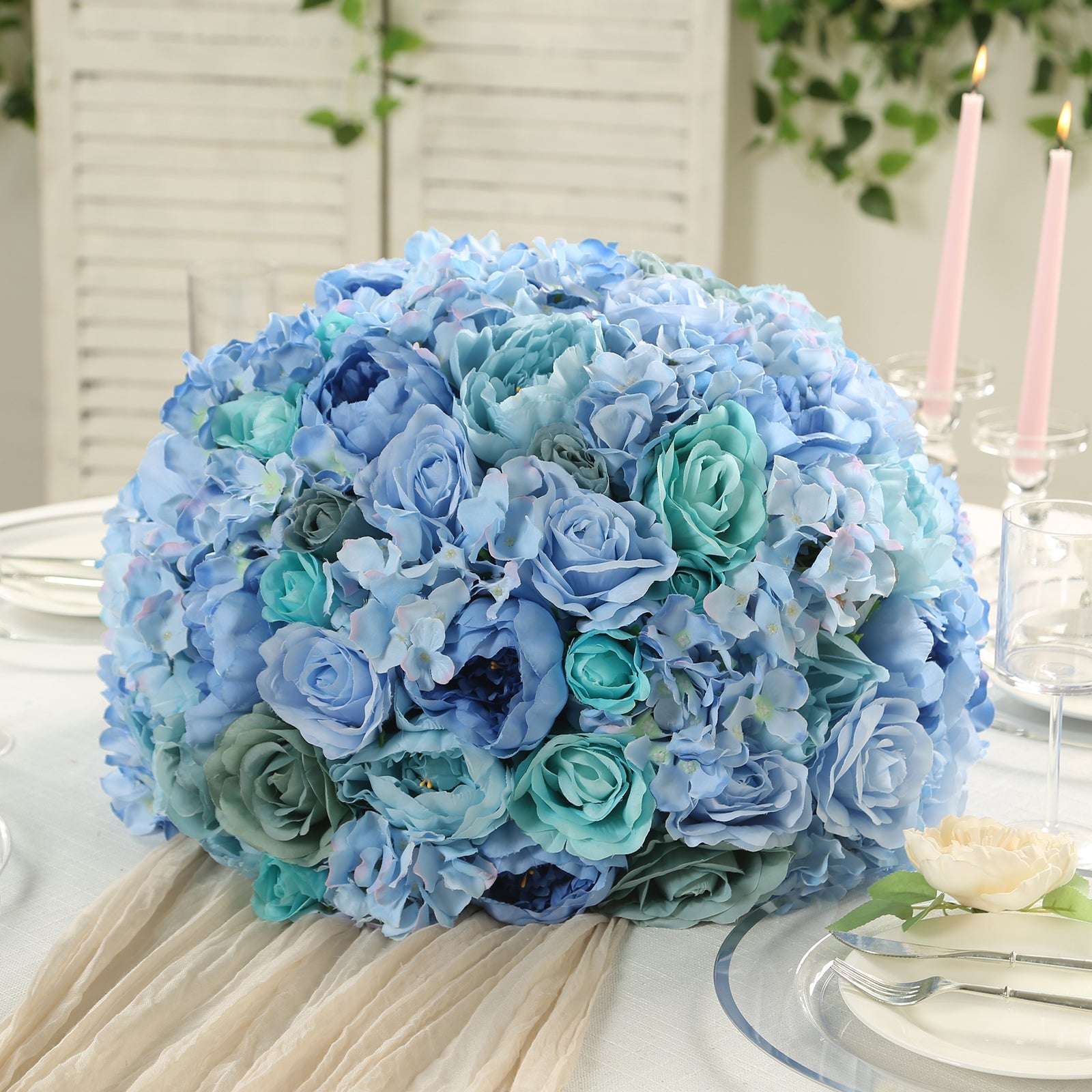 Large Pre - Arranged Blue Silk Rose Flower Balls for Wedding Table Decorations