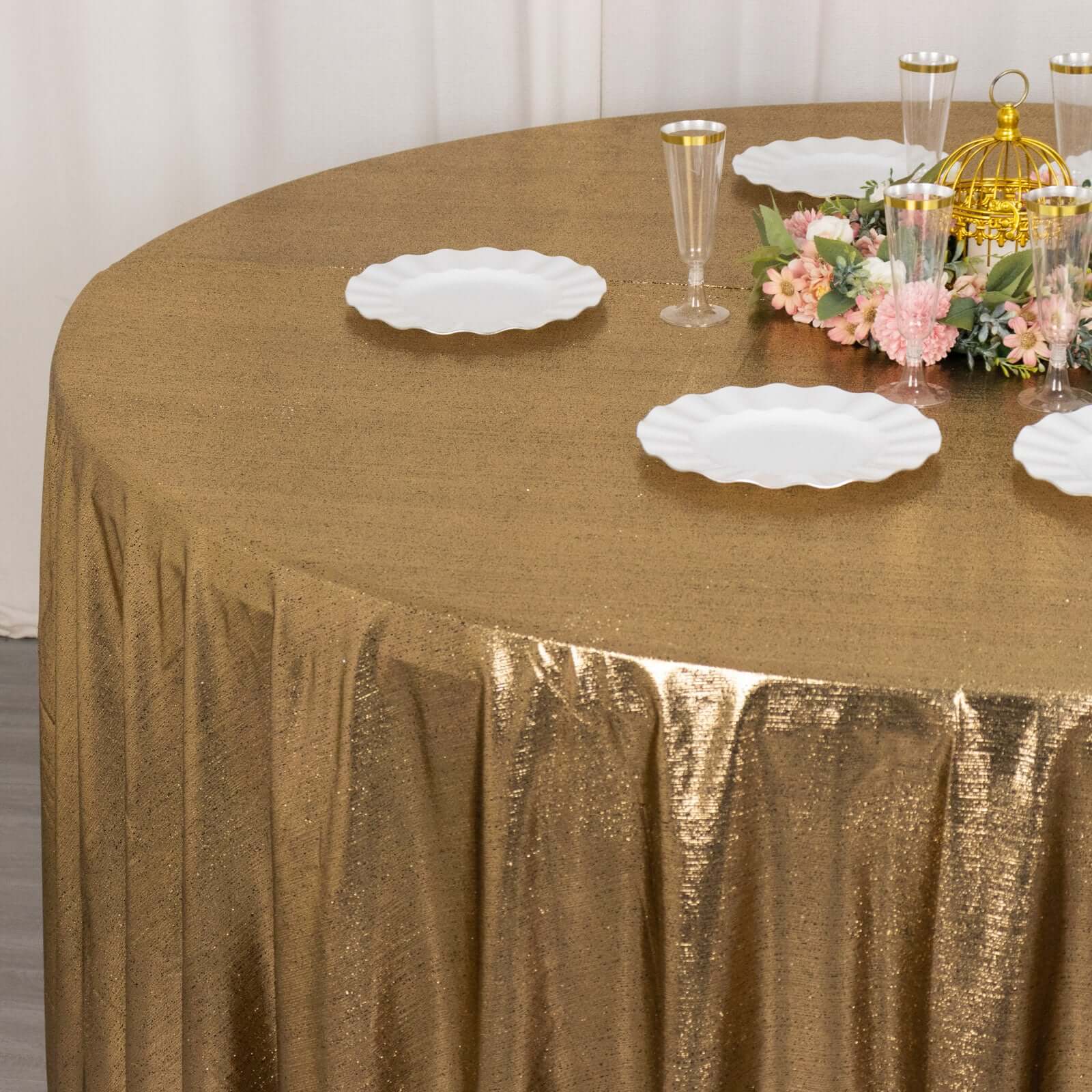 Antique Gold Sequin Dots Polyester 120' Round Wrinkle-Free Sparkling Tablecloth - Ideal for Events