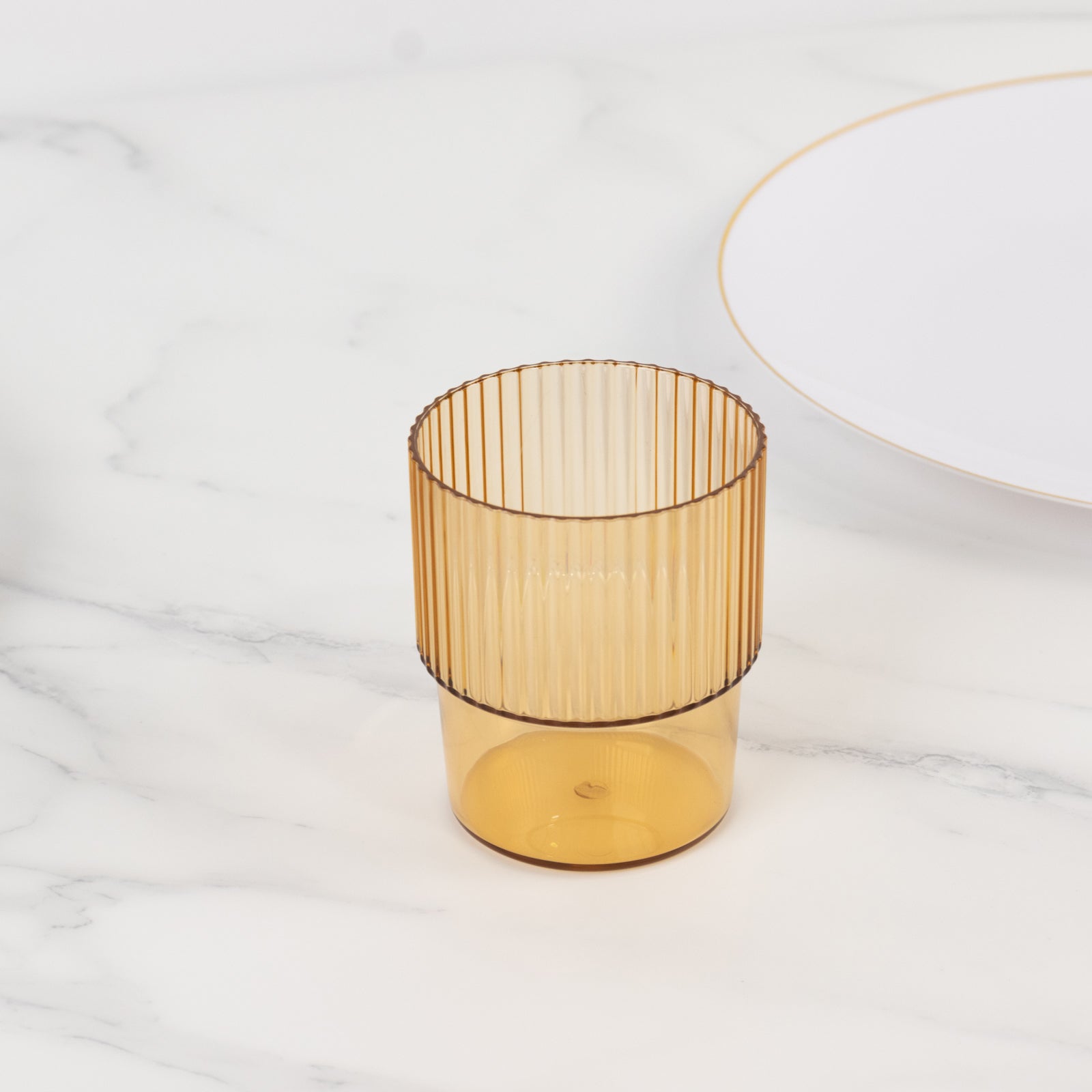 12-Piece Set of Reusable 7oz Stackable Amber Gold Plastic Drinking Glasses with Ribbed Pattern