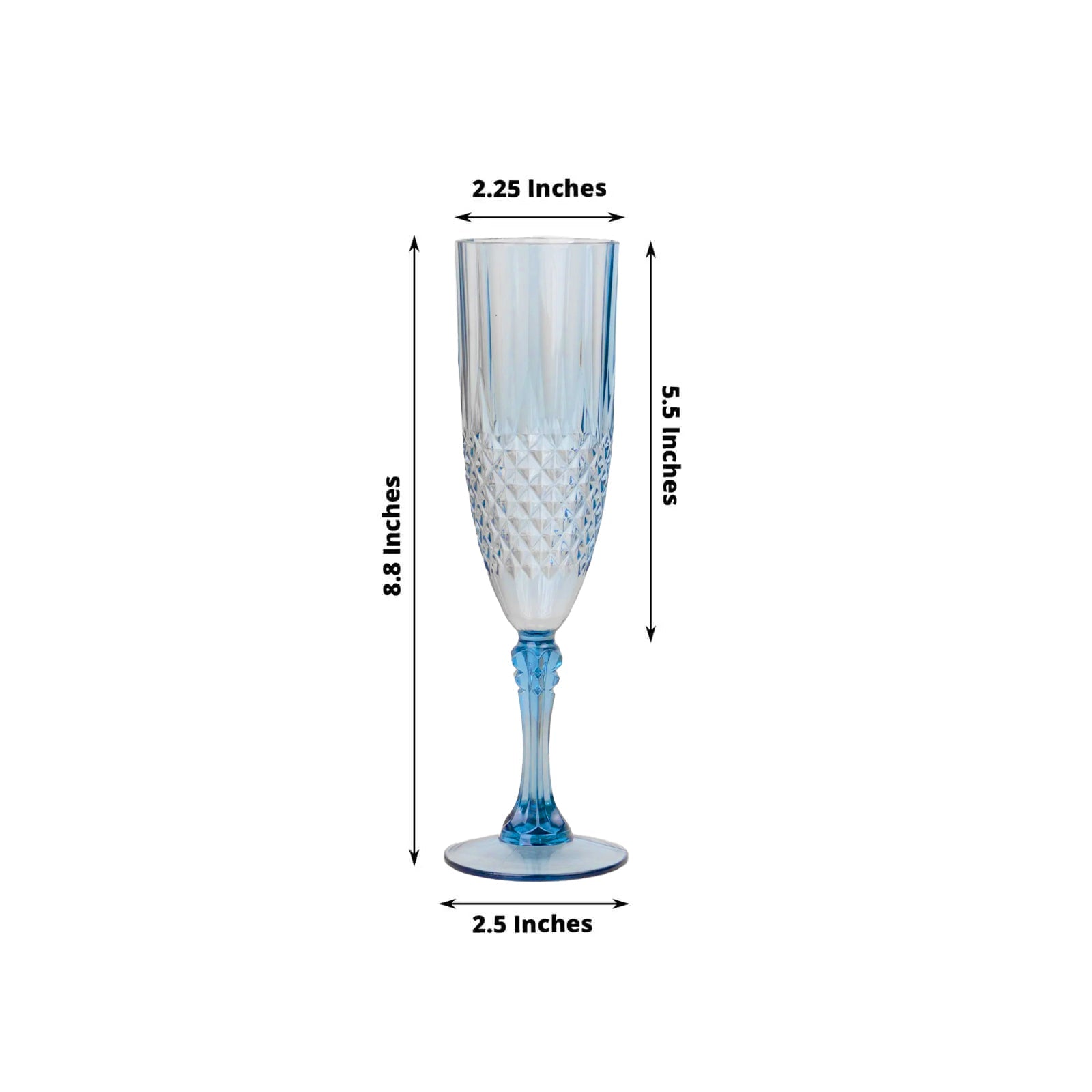 8oz Reusable Dusty Blue Plastic Wedding Toast Flutes with Crystal Cut Style - 6 Pack