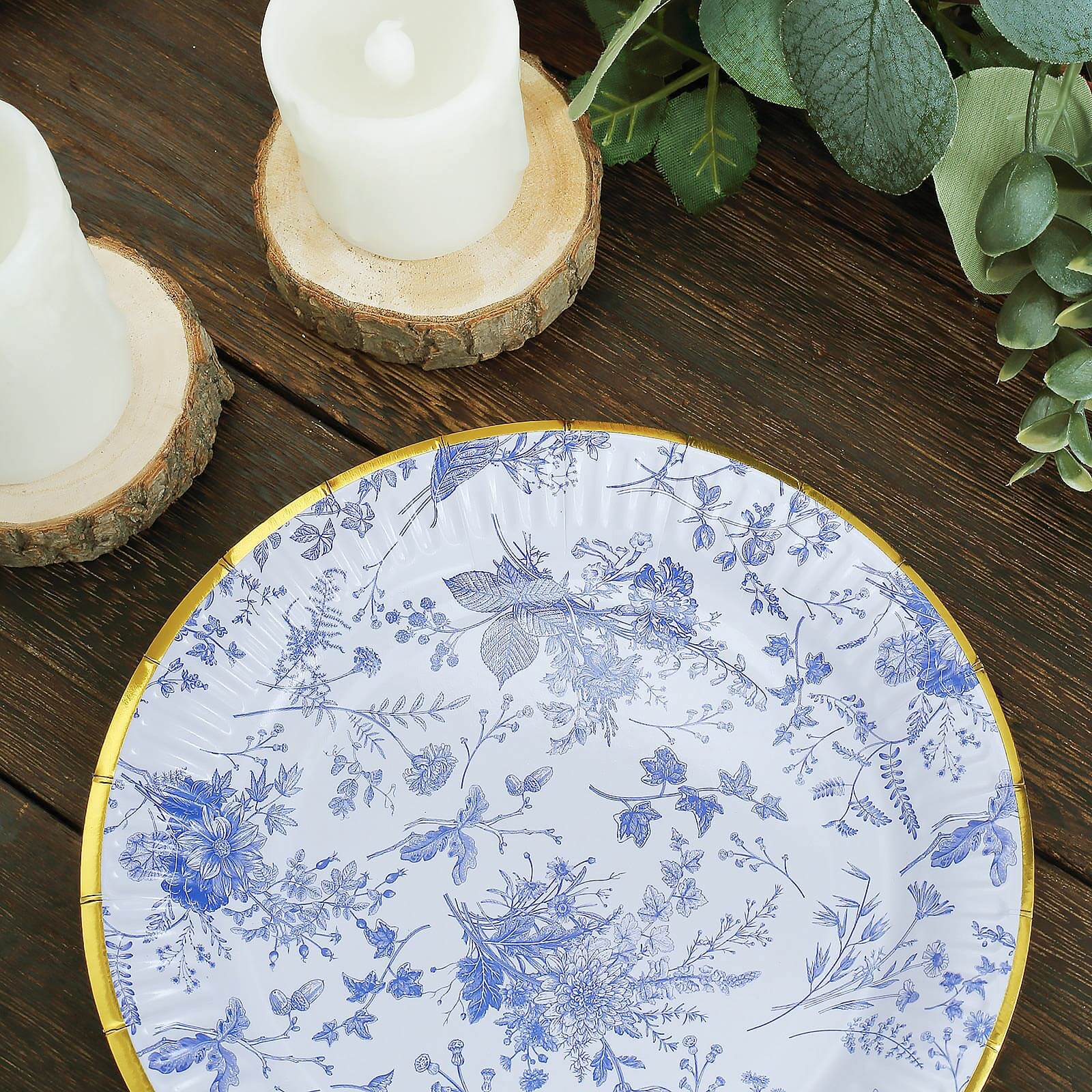 Hot Deal! 25-Pack Disposable 7-Inch Round White Dessert Plates with Light Blue French Toile & Gold Rim