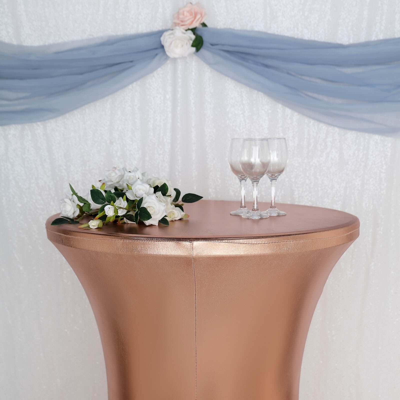 Exclusive Blush Metallic Spandex Stretch Cocktail Table Cover - 30" - 32" Diameter, Water-Resistant