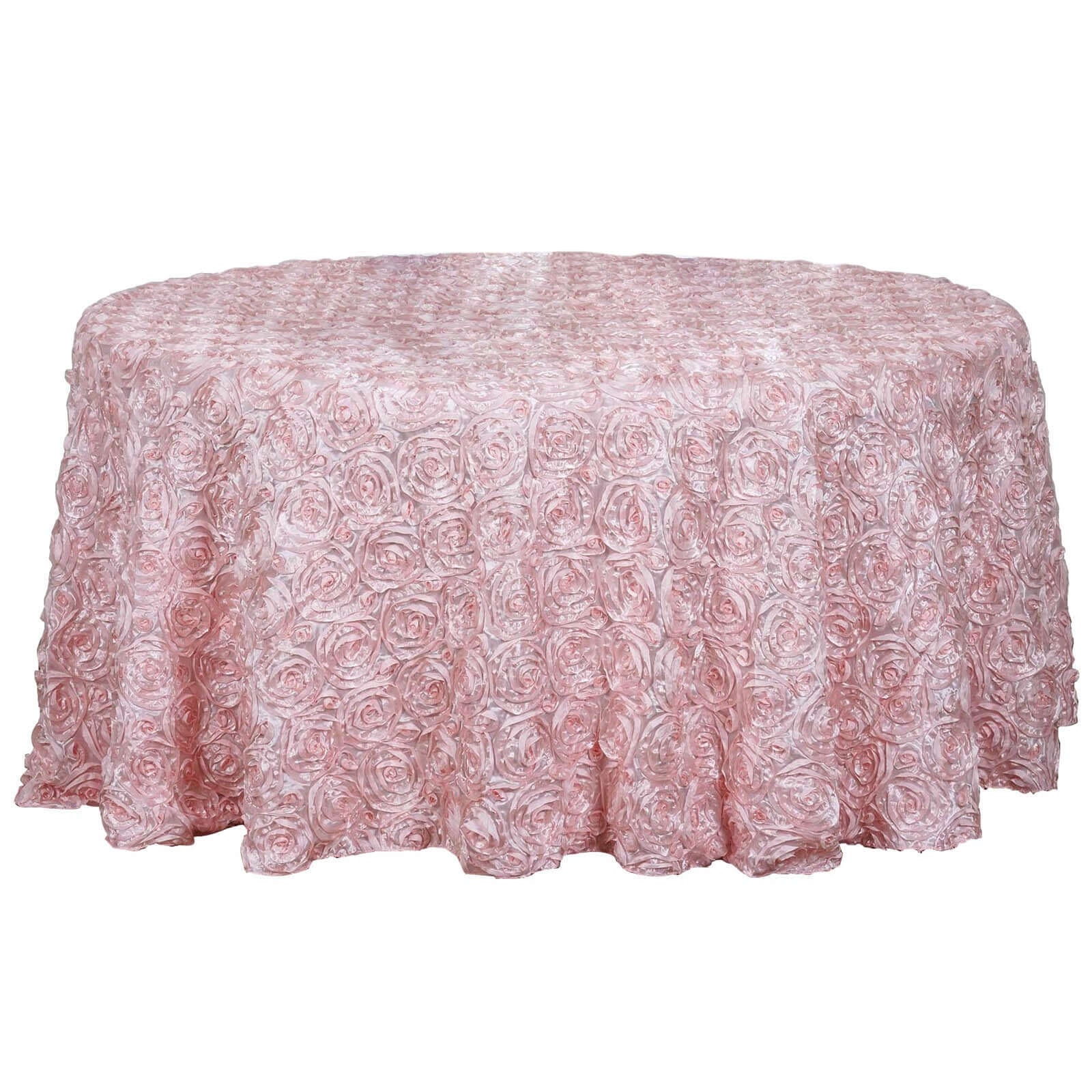Luxurious Blush Satin 120-Inch Round Tablecloth with 3D Rosette and Seamless Finish