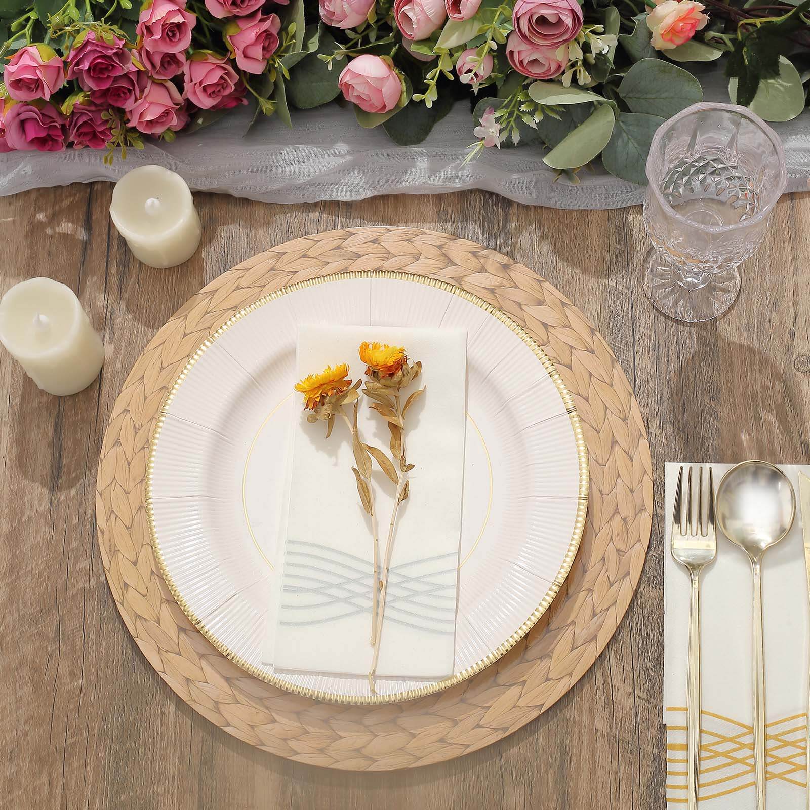 Amazing 6-Pack Disposable Round Cardboard Table Placemats with Woven Rattan Print, 13" Diameter for Rustic Events