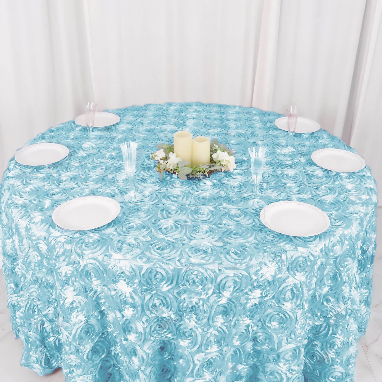 Light Blue 120-Inch Round Satin Tablecloth with Stunning 3D Rosette and Seamless Finish