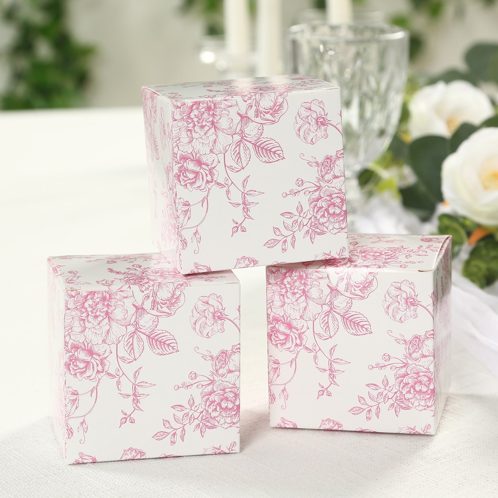 25-Pack French Toile Pattern Matte Pink and White Cardstock Candy Favor Boxes, 3x3 - Perfect for Parties