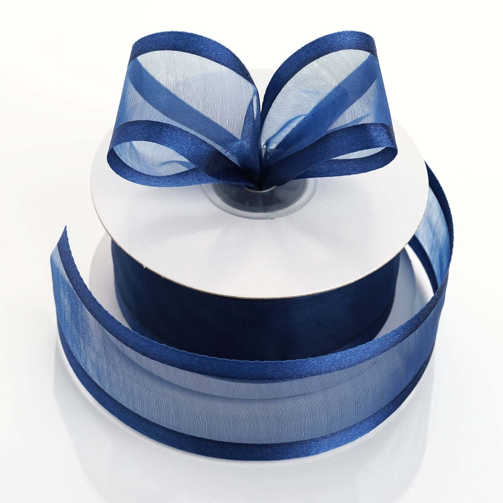 Premium 25-Yard 1.5-Inch Navy Blue Sheer Organza Ribbon with Satin Edges for Decor