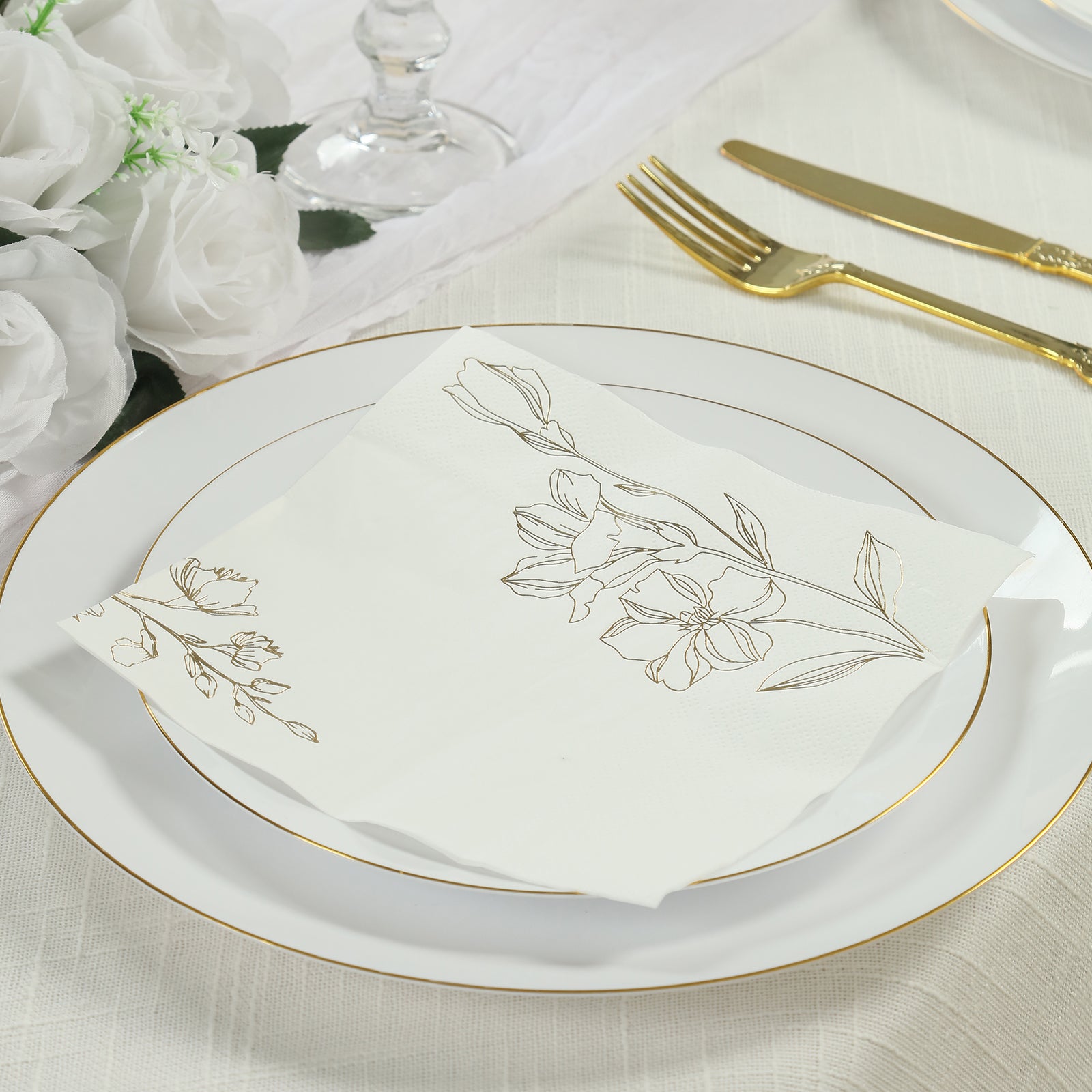 50-Pack 2-Ply Absorbent White Paper Cocktail Napkins with Gold Lily Flower Prints
