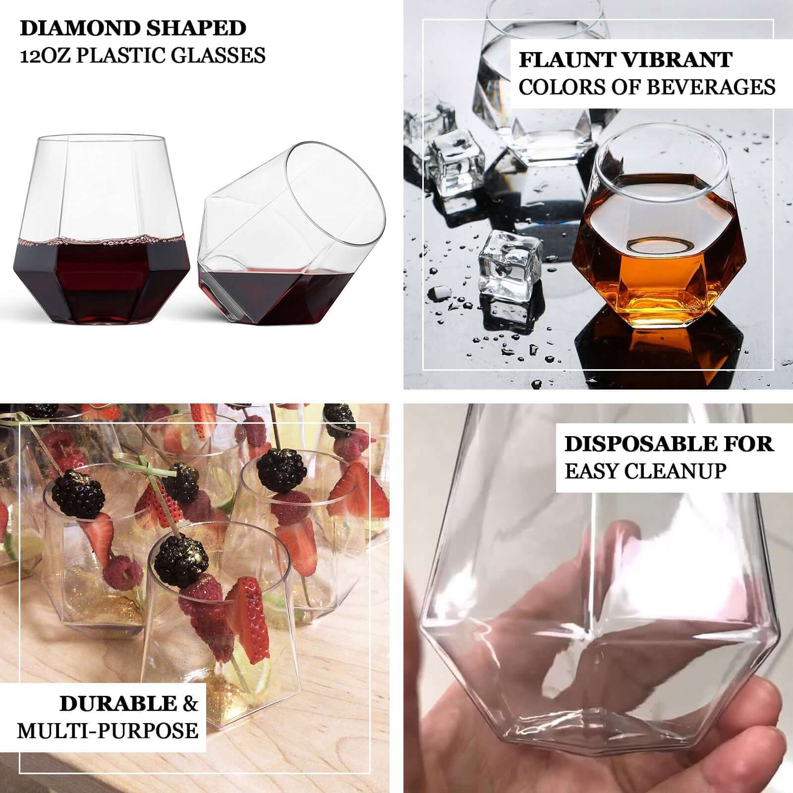 12-Piece Set of Reusable Clear Plastic Stemless Diamond-Shaped 12oz Wine & Whiskey Glasses
