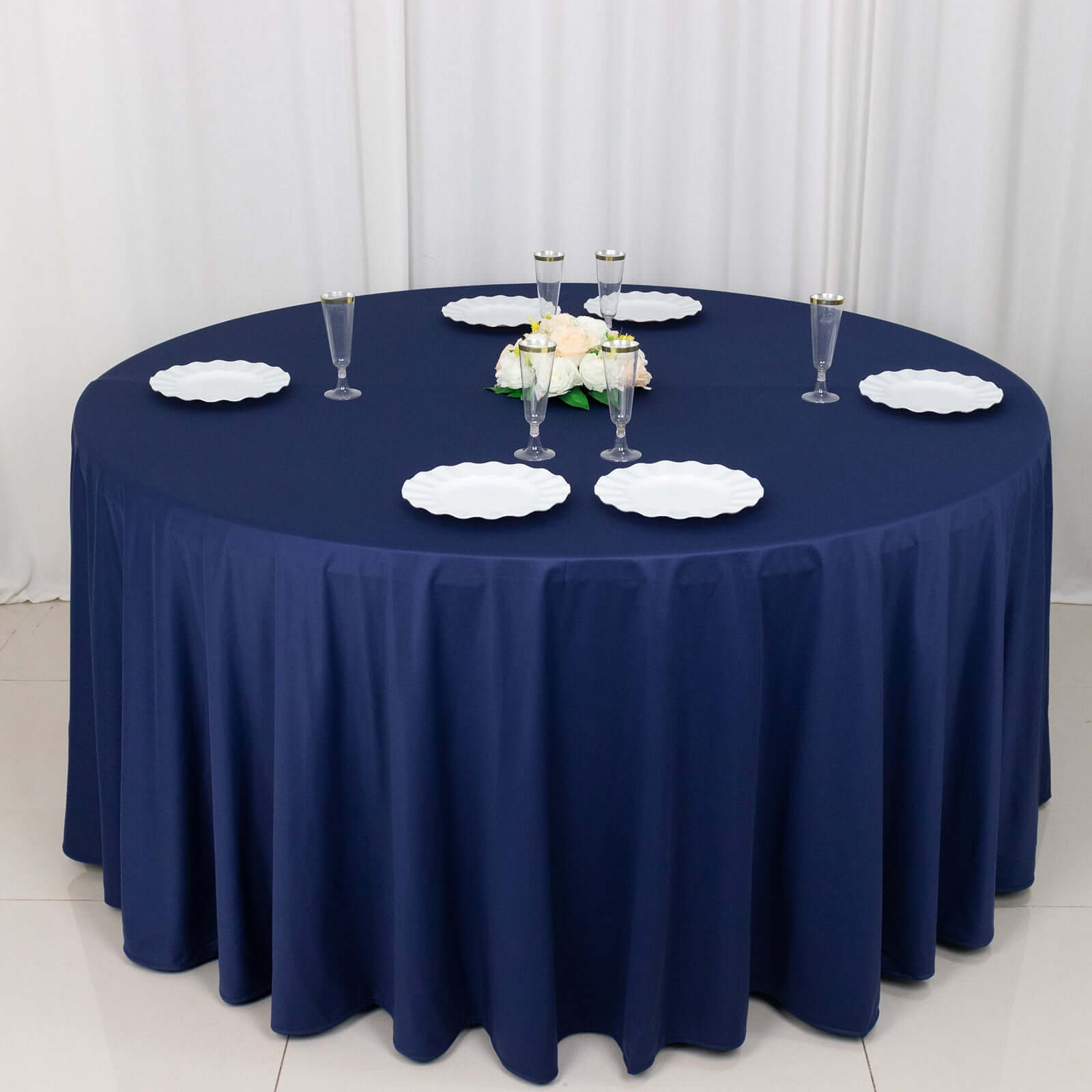 Hot Deal! Premium Navy Blue 120' Round Scuba Polyester Wrinkle-Free & Stain-Resistant Tablecloth