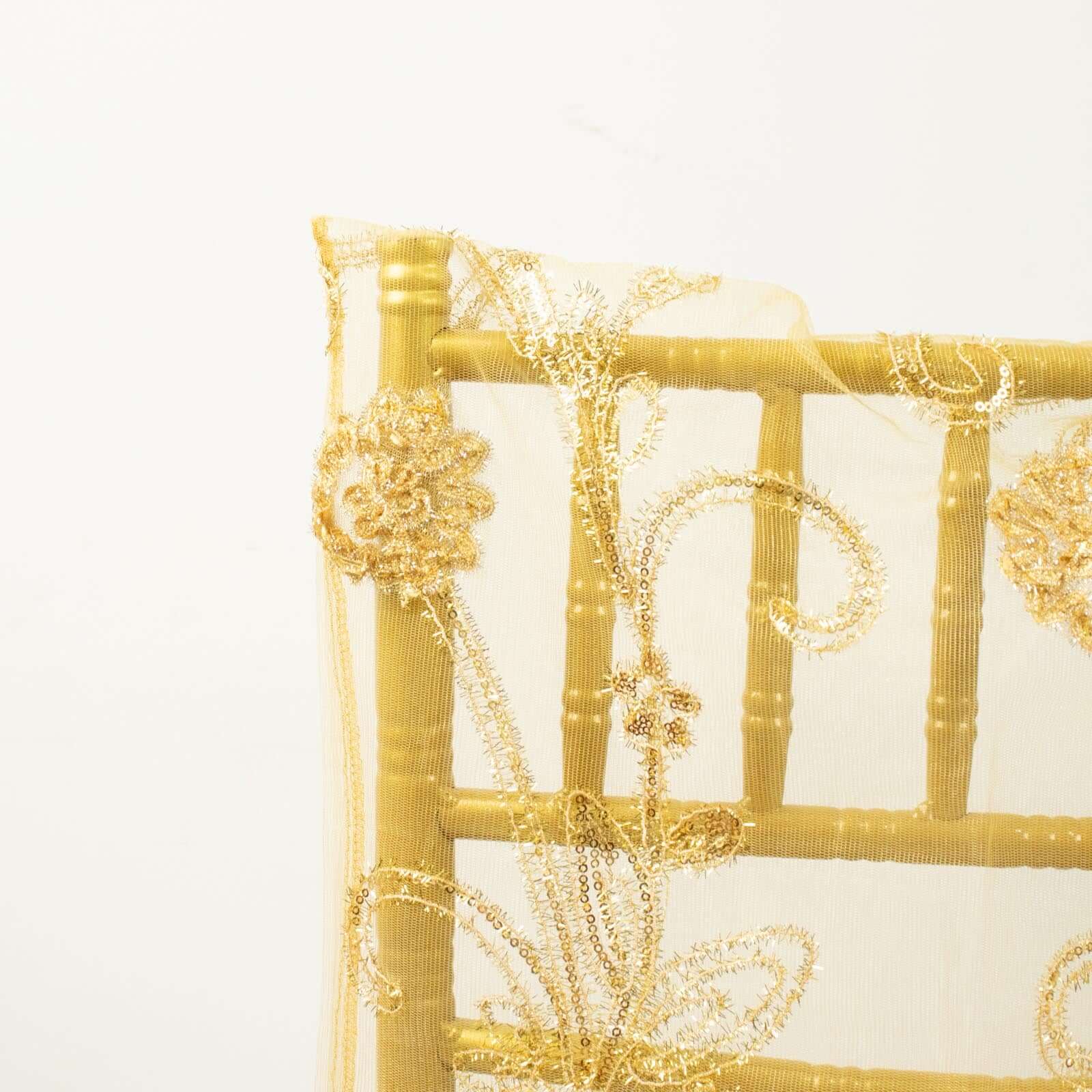 Hot! Gold Floral Sequin Embroidery Organza Chiavari Chair Slipcover