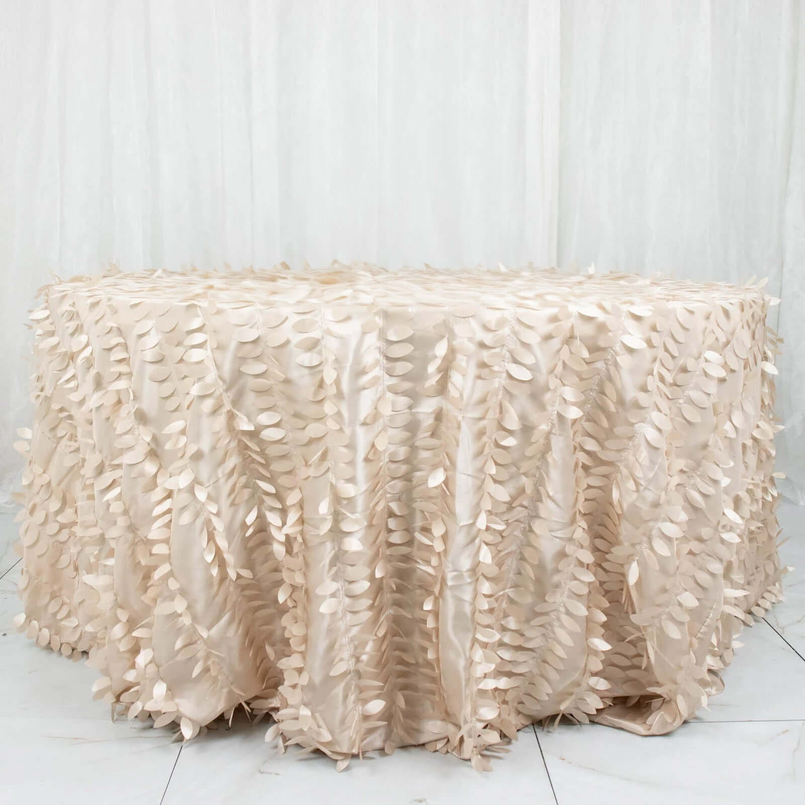 Exclusive Beige 132-Inch Round Taffeta Tablecloth with 3D Leaf Petal Design