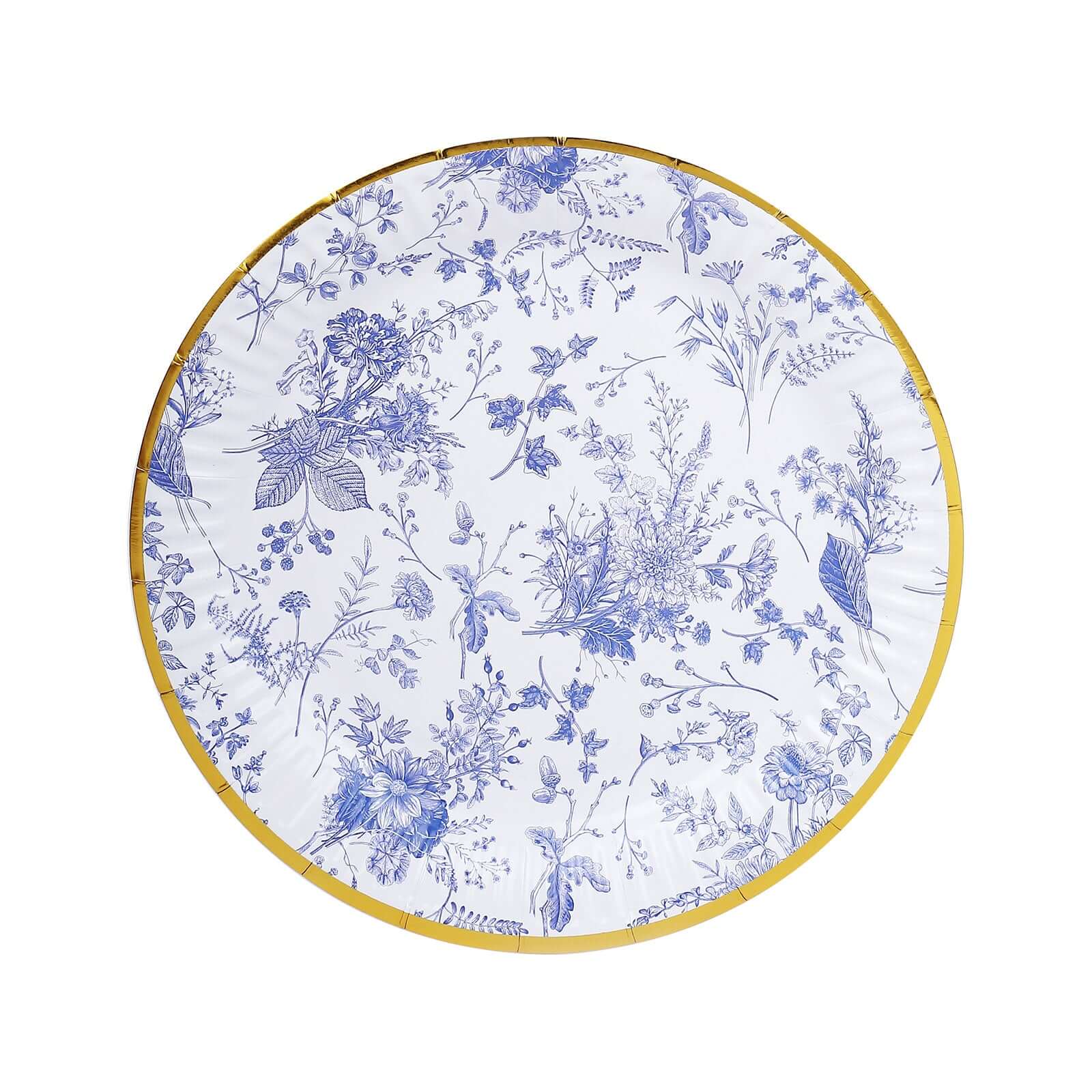 25-Pack Disposable 9-Inch White Dinner Plates with Light Blue French Toile & Gold Rim for Picnics and Chic Brunches