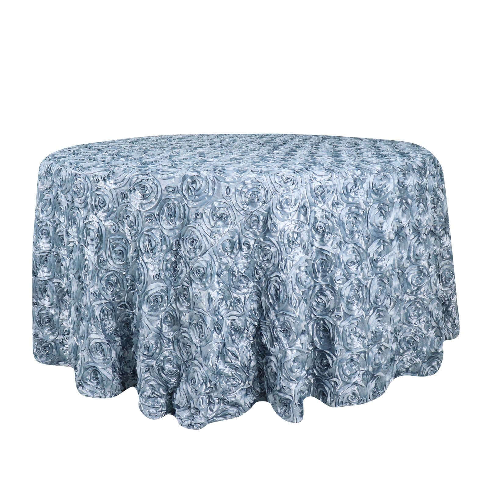 Hot! Dusty Blue 120" Satin Round Tablecloth with 3D Rosette & Seamless Finish