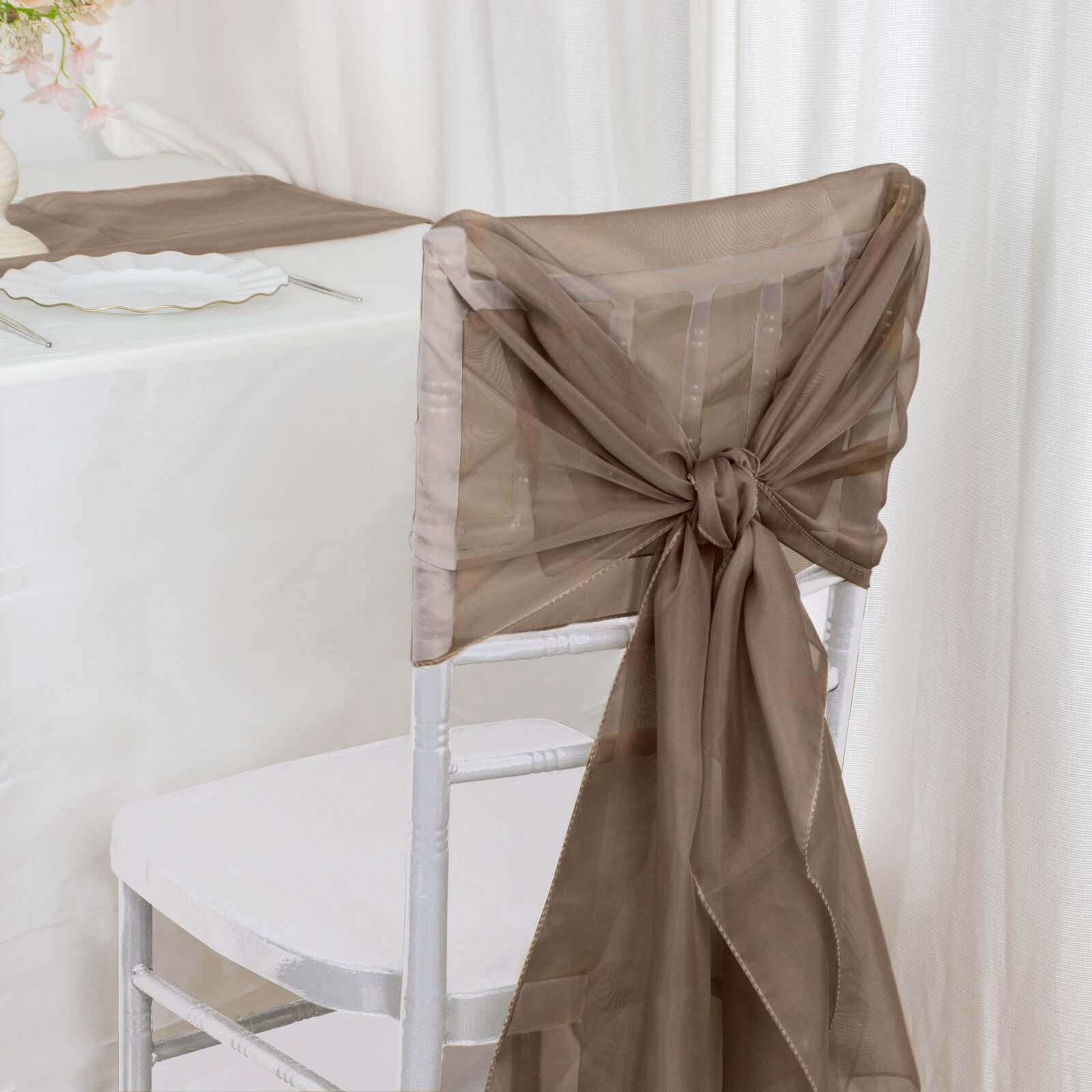 5-Pack Taupe Premium Chiffon Chair Sashes - Soft, Lightweight Designer Chair Bows (22x78)