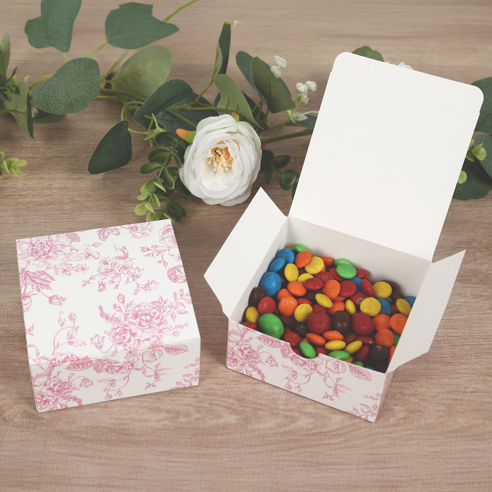 Get 25-Pack Matte Pink & White French Toile Pattern Cardstock Party Favor Candy Gift Boxes (4x4x2)