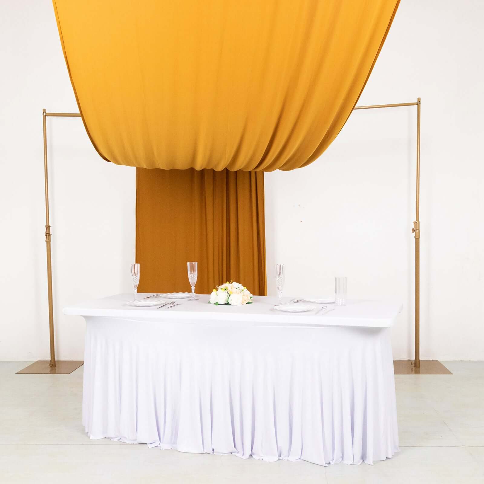 Hot Sale! Gold 4-Way Stretch Wrinkle-Free Spandex Event Curtain Drapes, 5ftx18ft with Rod Pockets