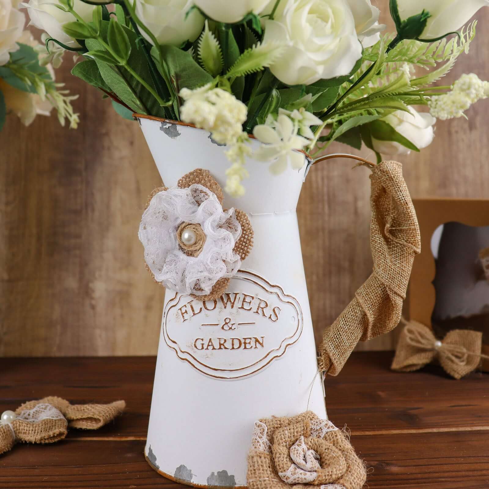 24 Pcs Natural Burlap Flower and Bow Set with Lace Ribbon, 8 Assorted Styles, 30 Sticker Dots Included