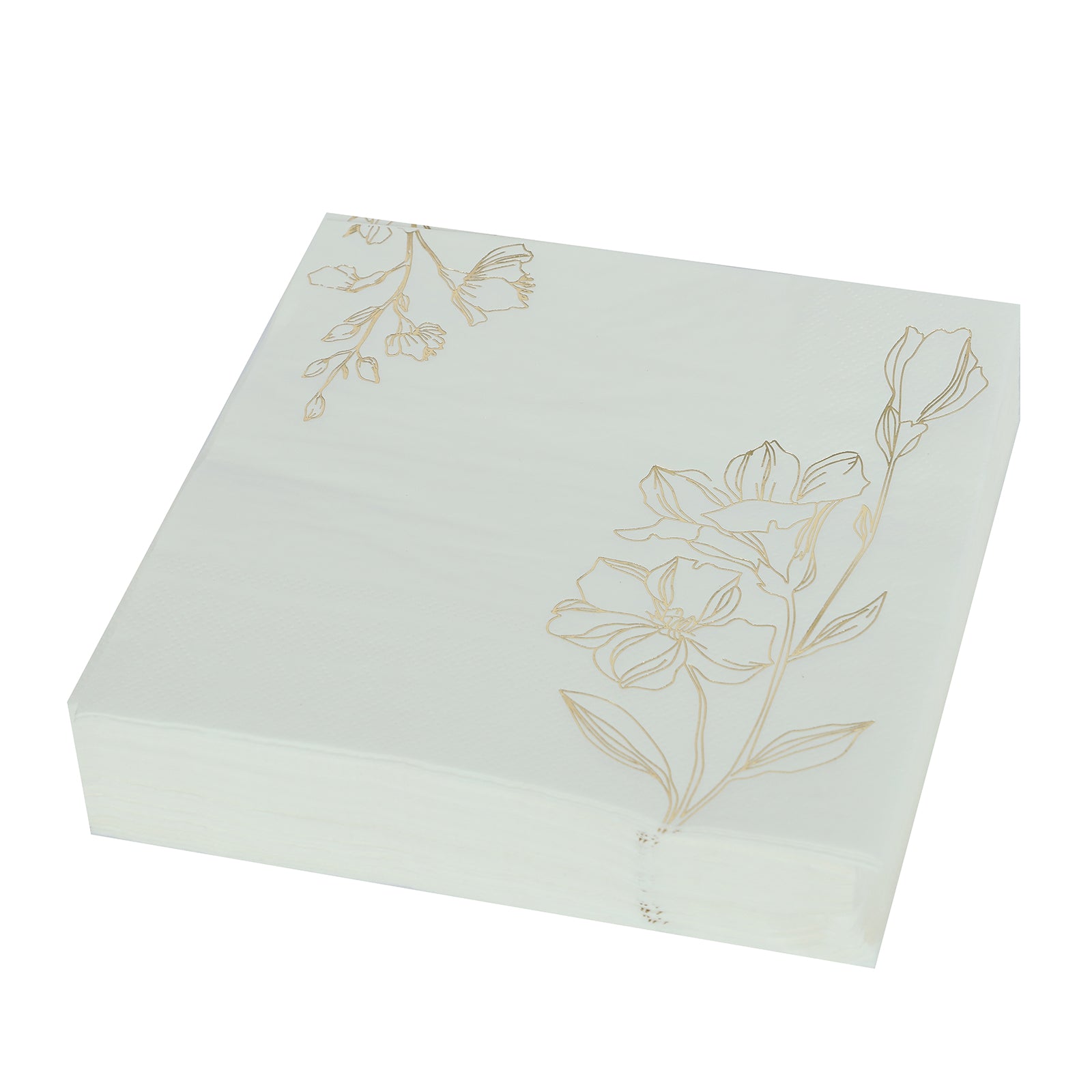 50-Pack 2-Ply Absorbent White Paper Cocktail Napkins with Gold Lily Flower Prints
