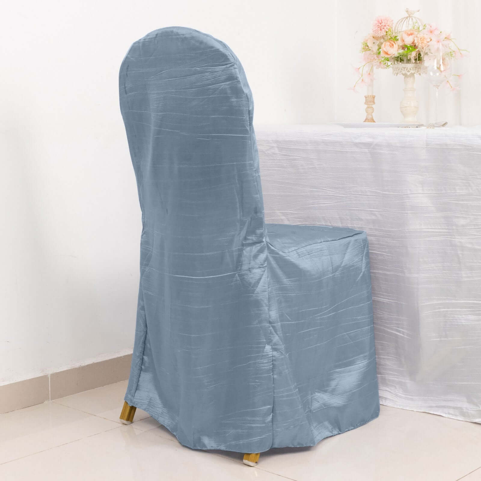 Reusable Dusty Blue Crinkle Crushed Taffeta Slipcover for Banquet Chairs
