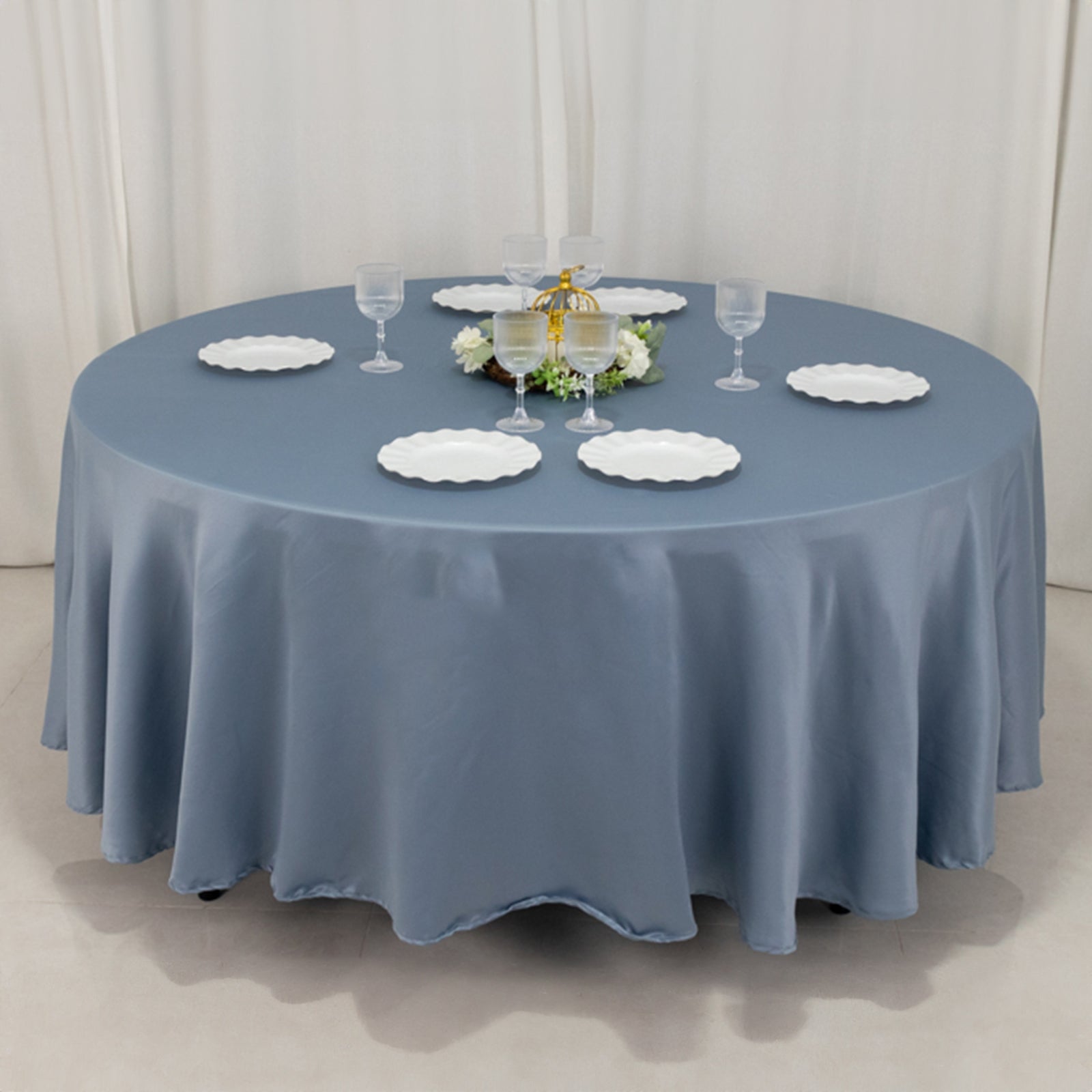 Premium Durable Silk-Like Dusty Blue Lamour Satin 108-Inch Round Tablecloth