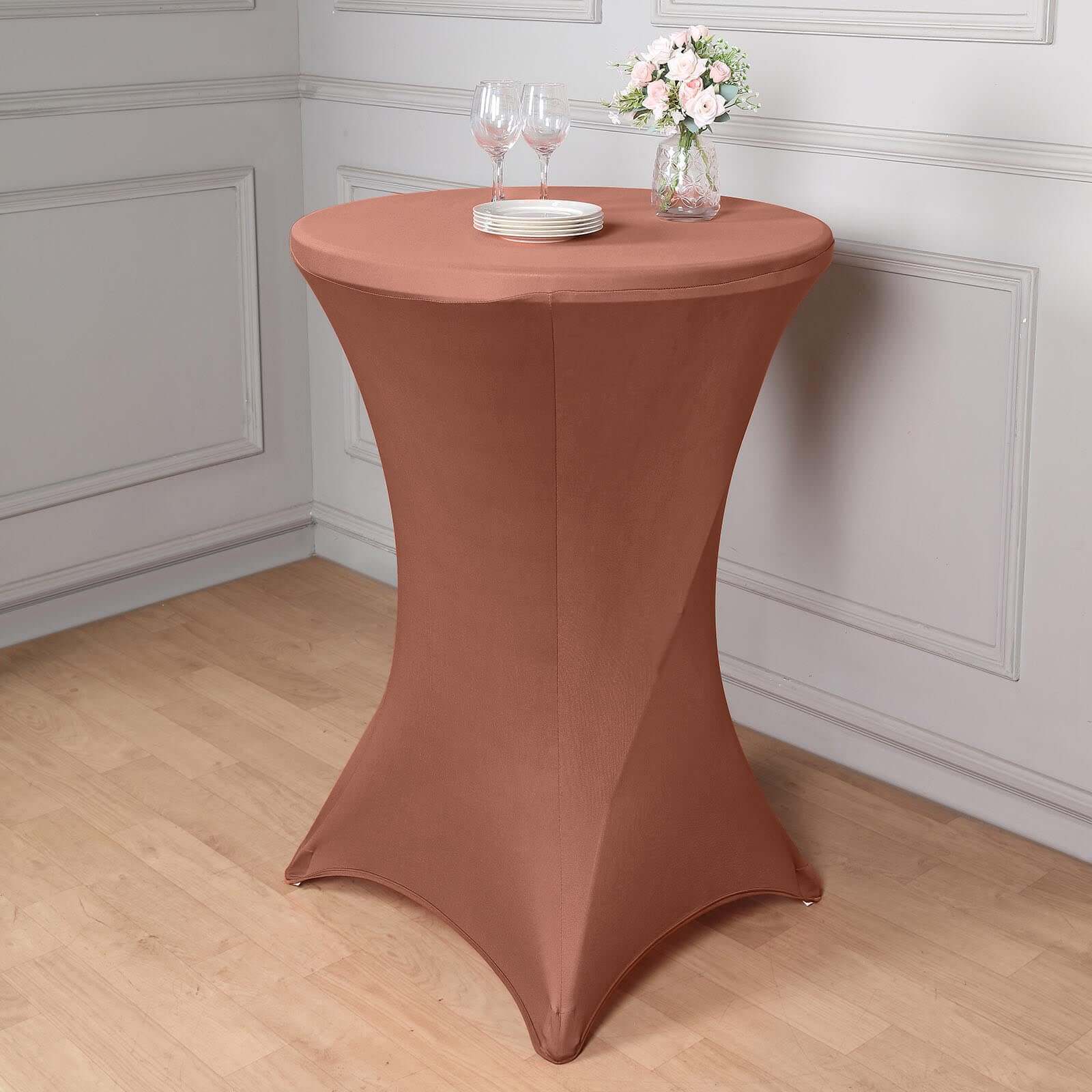 Affordable Stretch Fitted Spandex Cocktail Table Cover in Terracotta (Rust) for 24-32