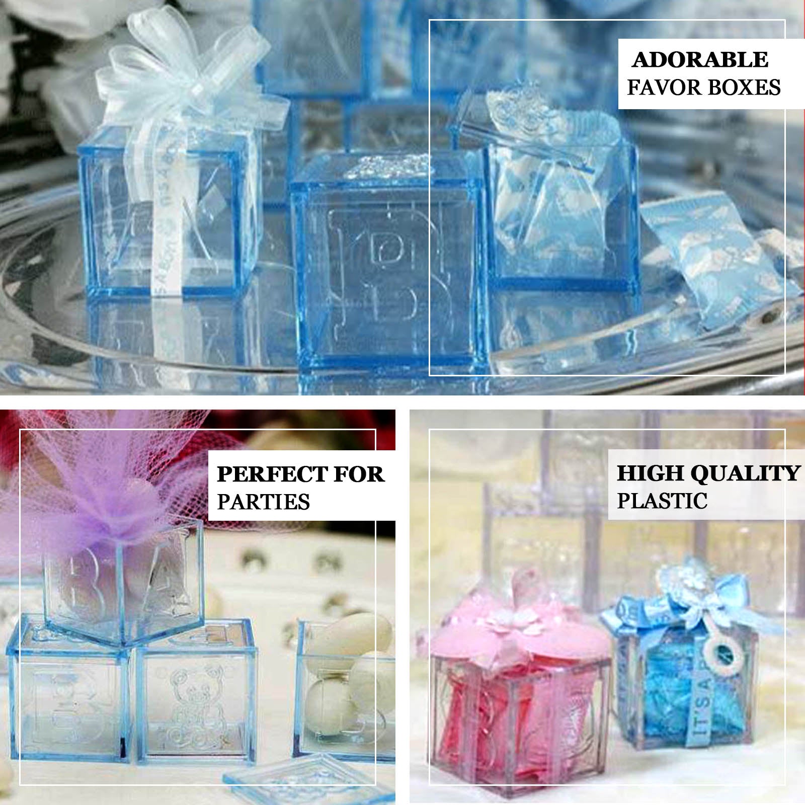 Hot Sale! 12-Pack Pink Plastic Fillable Baby Shower Candy Gift Boxes in Transparent Baby Blocks Shape