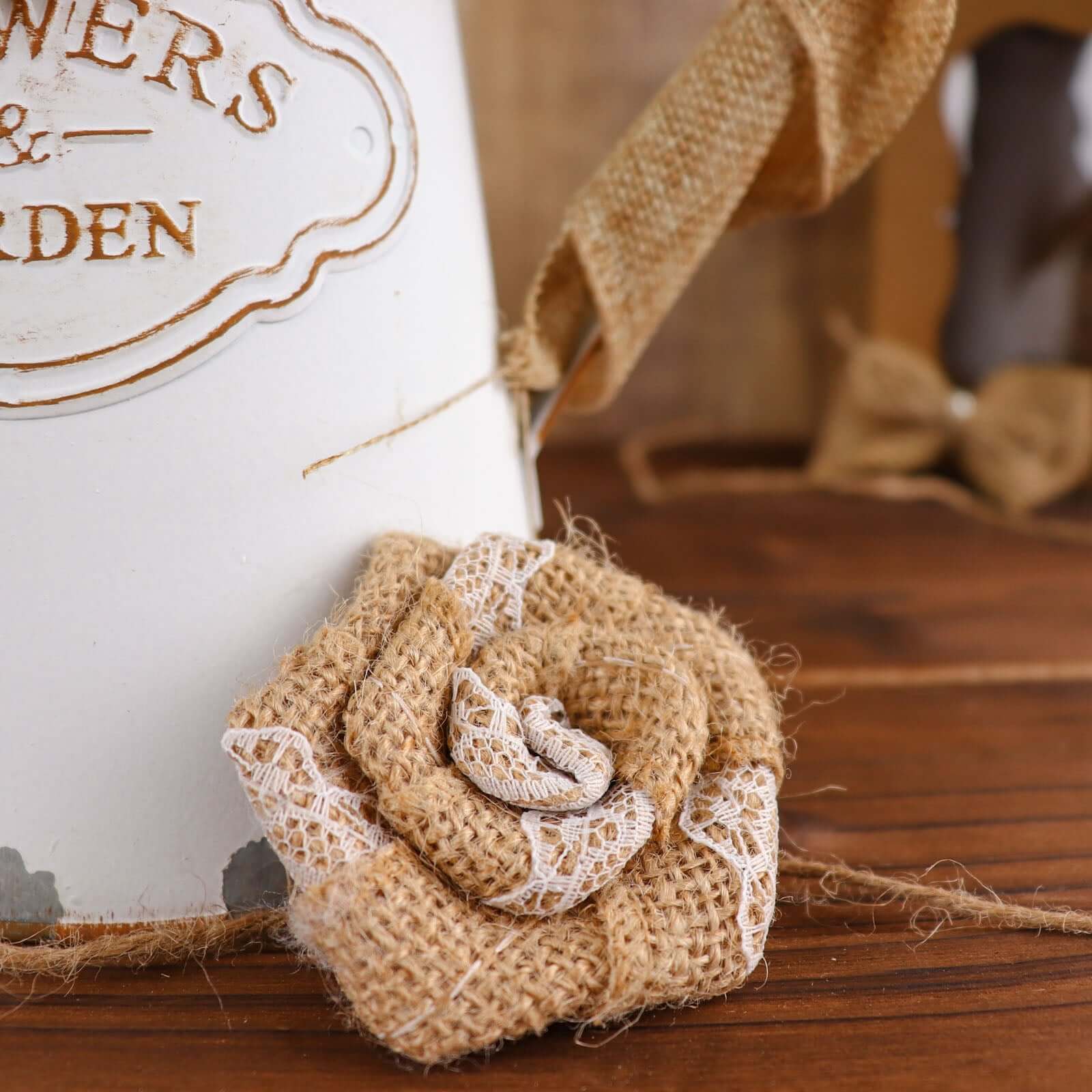 24 Pcs Natural Burlap Flower and Bow Set with Lace Ribbon, 8 Assorted Styles, 30 Sticker Dots Included